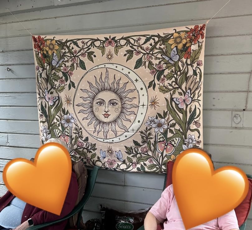 Accnicc Yellow Sun and Moon Tapestry Vintage Indie Boho Tapestry Wall Hanging with Sunflowers Butterfly Moth Constellation Aesthetic Wall Tapestries for Bedroom Dorm Living Room (Orange, 48'' × 36'') customer photo 1