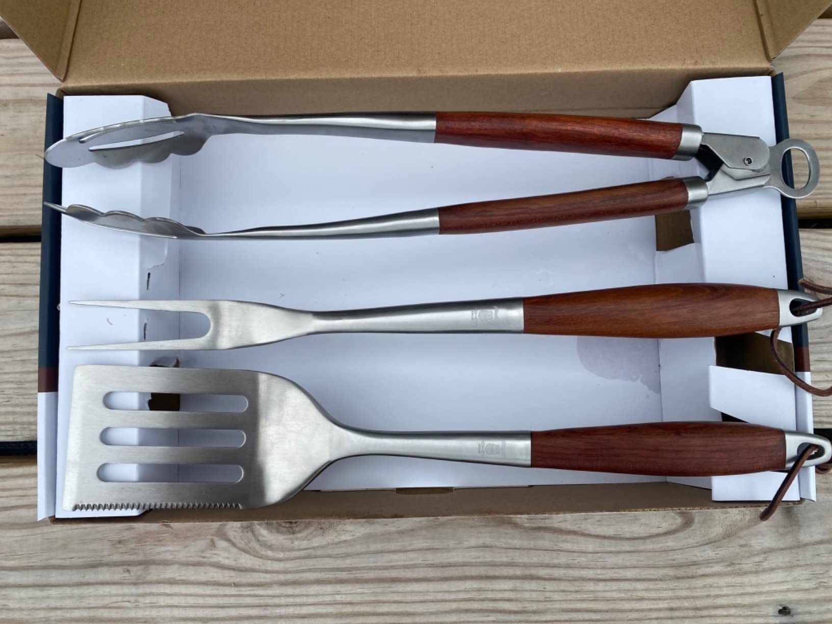 GRILAZ Heavy-Duty Rose Wooden BBQ Grilling Tools Set. Extra Thick Stainless Steel Multi-Function Spatula, Fork & Tongs | Essential Accessories for Barbecue & Grill. Ideal Gift for Father… customer photo 1