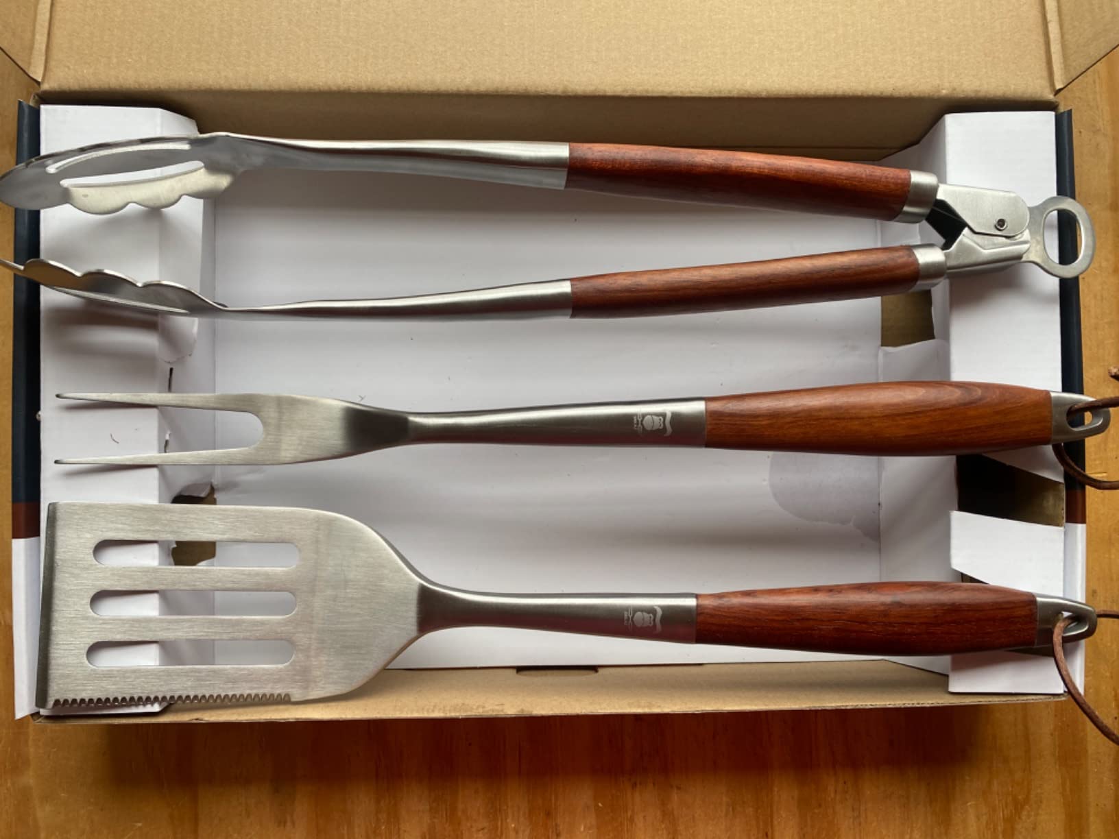 GRILAZ Heavy-Duty Rose Wooden BBQ Grilling Tools Set. Extra Thick Stainless Steel Multi-Function Spatula, Fork & Tongs | Essential Accessories for Barbecue & Grill. Ideal Gift for Father… customer photo 2