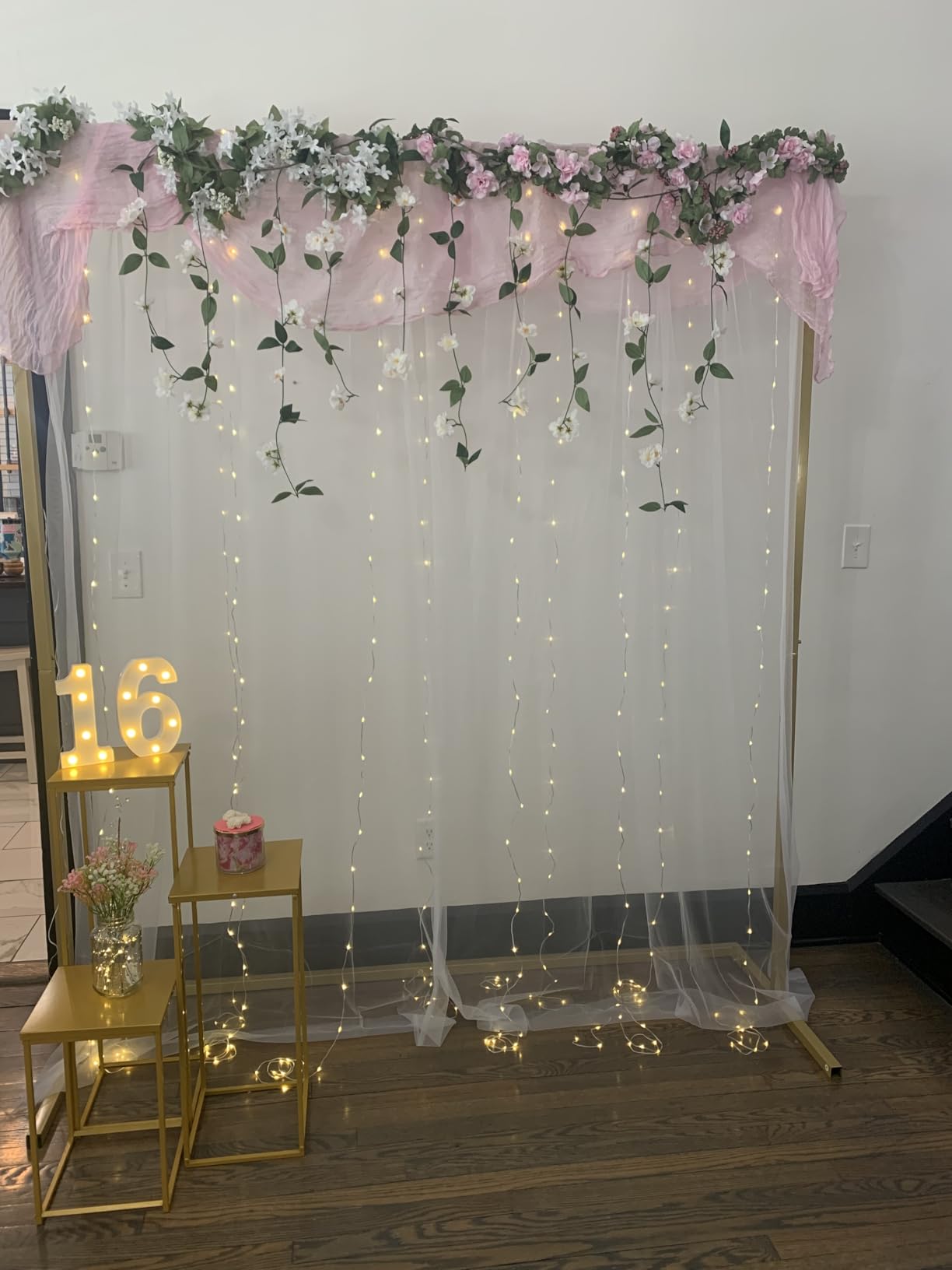 White Tulle Backdrop Curtain with Lights String for Parites 10×8ft Sheer Backdrop Curtains White Curtain Backdrop for Wedding Baby Shower Birthday Party Photo Shoot Decorations(2 Panels 10ft×8ft) customer photo 2