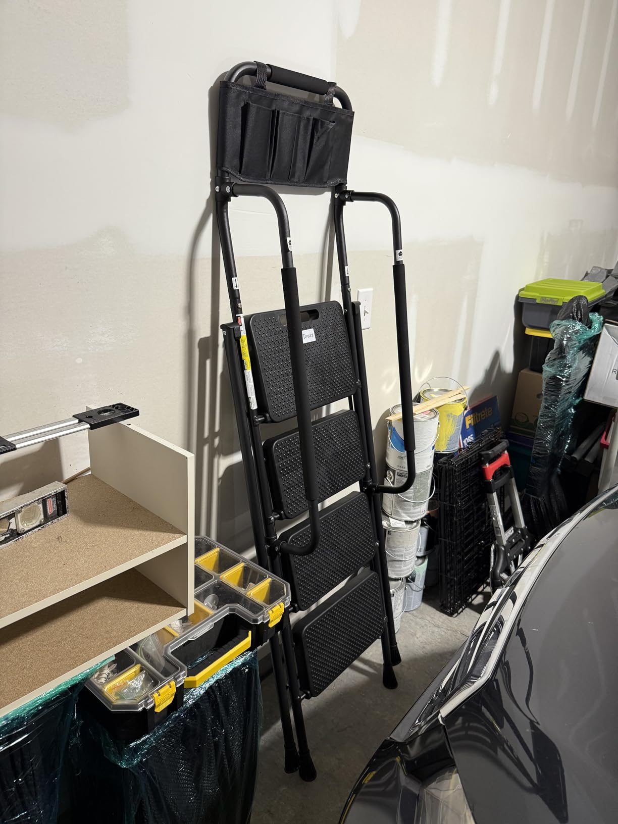 HBTower Step Ladder with Handrails, 4 Step Ladder with Attachable Tool Bag | Anti-Slip Wide Pedal for Home Kitchen Pantry Office, Black customer photo 1