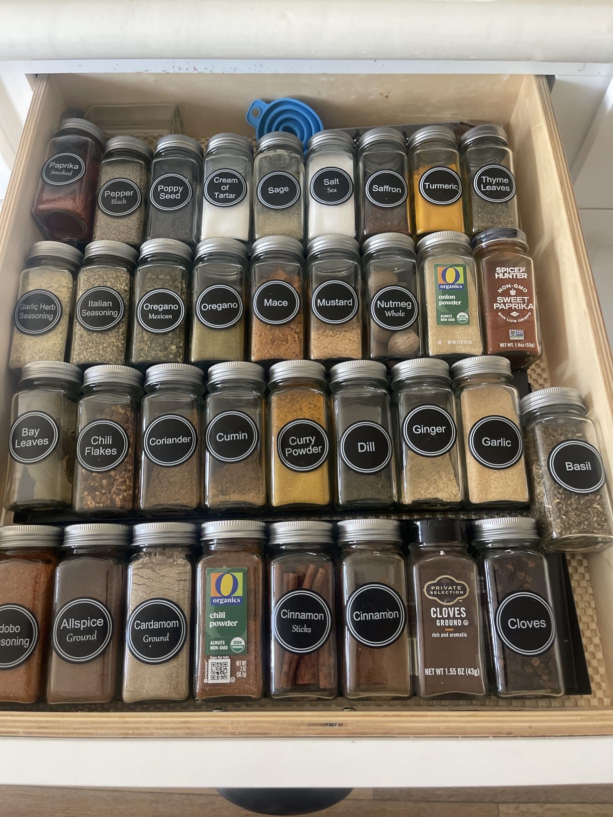 SpaceAid Spice Drawer Organizer with 28 Spice Jars, 386 Spice Labels, 4 Tier Seasoning Rack Tray Insert for Kitchen Drawers, 13