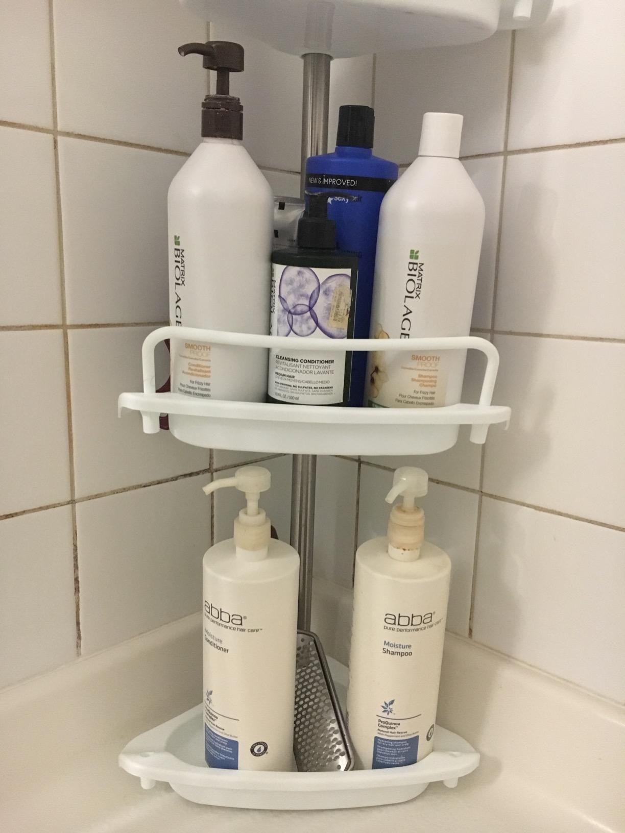 ALLZONE Corner Shower Caddy Tension Pole, Extendable Rustproof Stainless Steel Pole & 4-Tier Adjustable Shelves for Easy Drainage and Built-to-Last Stability, 34 to 116 Inches, Black customer photo 1