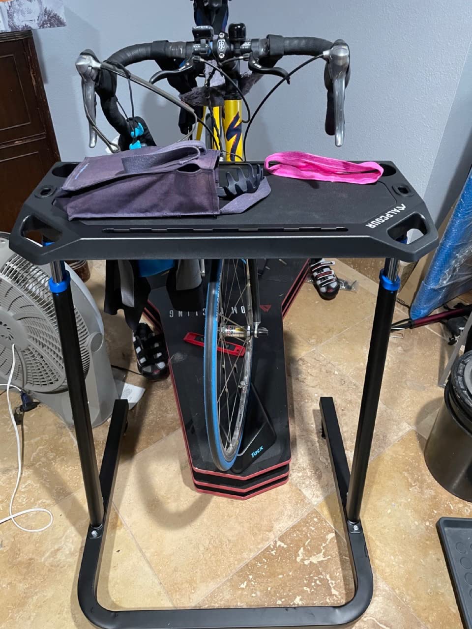 Alpcour Bike Trainer Fitness Desk – Portable Multi-Tasking Workstation Table for Cycling and Exercise – Adjustable Height with Non-Slip Surface and Gadget Slots – Lockable Wheels customer photo 1