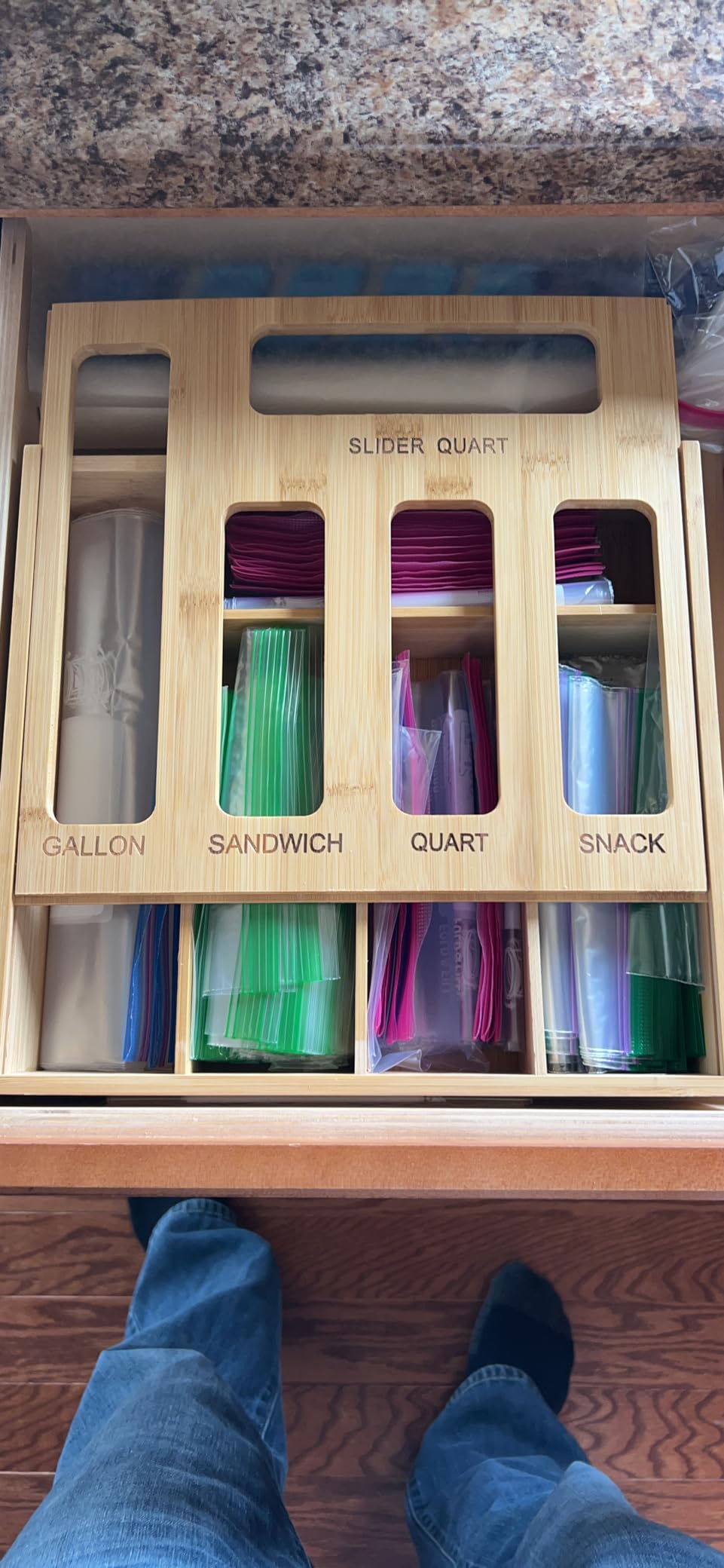 DUJEN Plastic Bag Organizer for Drawer, Bamboo Food Storage Bags Container Organizer with Slider, Baggie Bags Storage for Drawer Compatible with Gallon, Sandwich Variety Size Bags customer photo 1