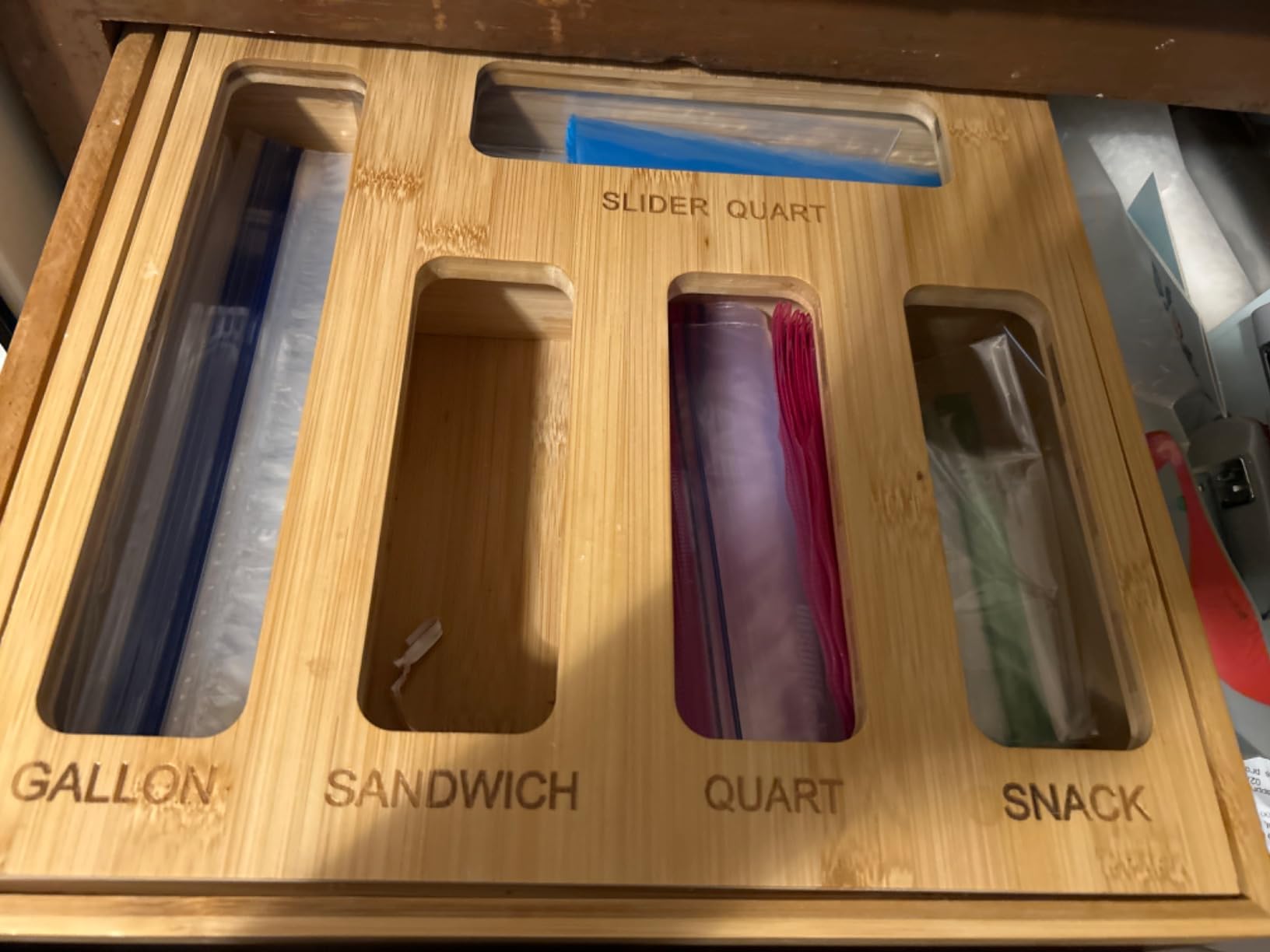 DUJEN Plastic Bag Organizer for Drawer, Bamboo Food Storage Bags Container Organizer with Slider, Baggie Bags Storage for Drawer Compatible with Gallon, Sandwich Variety Size Bags customer photo 2