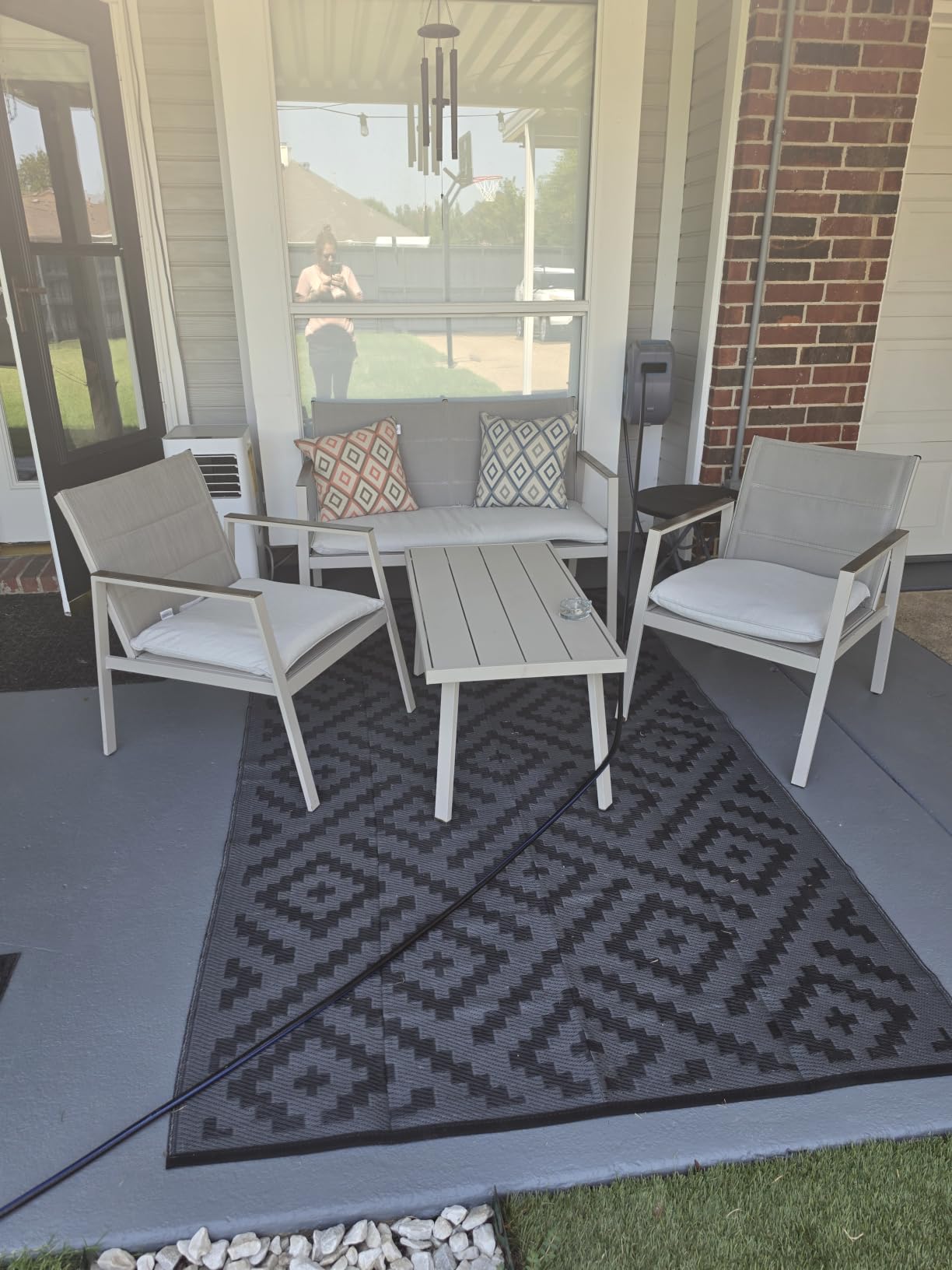 GENIMO Outdoor Rug, Waterproof Plastic Rugs for Patio, 5'x8' Black Grey | Outside Larger Modern Carpet Mat for Porch Decor, Deck, Balcony, Camping, RV, Backyard, Picnic, Beach, Reversible, Foldable customer photo 1
