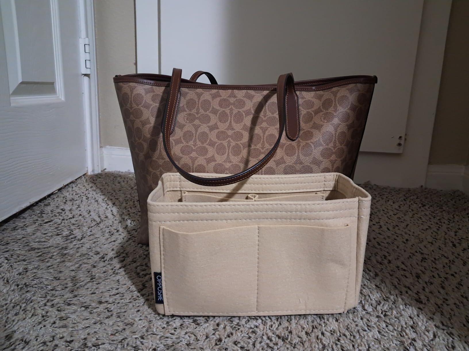 OPPOSHE Purse Organizer Insert for Handbags, Softened Felt Bag Insert Organizer for Tote, Compatible with LV, Coach, MK, Kate Spade, Goyard, Longchamp (Beige, Medium) customer photo 1