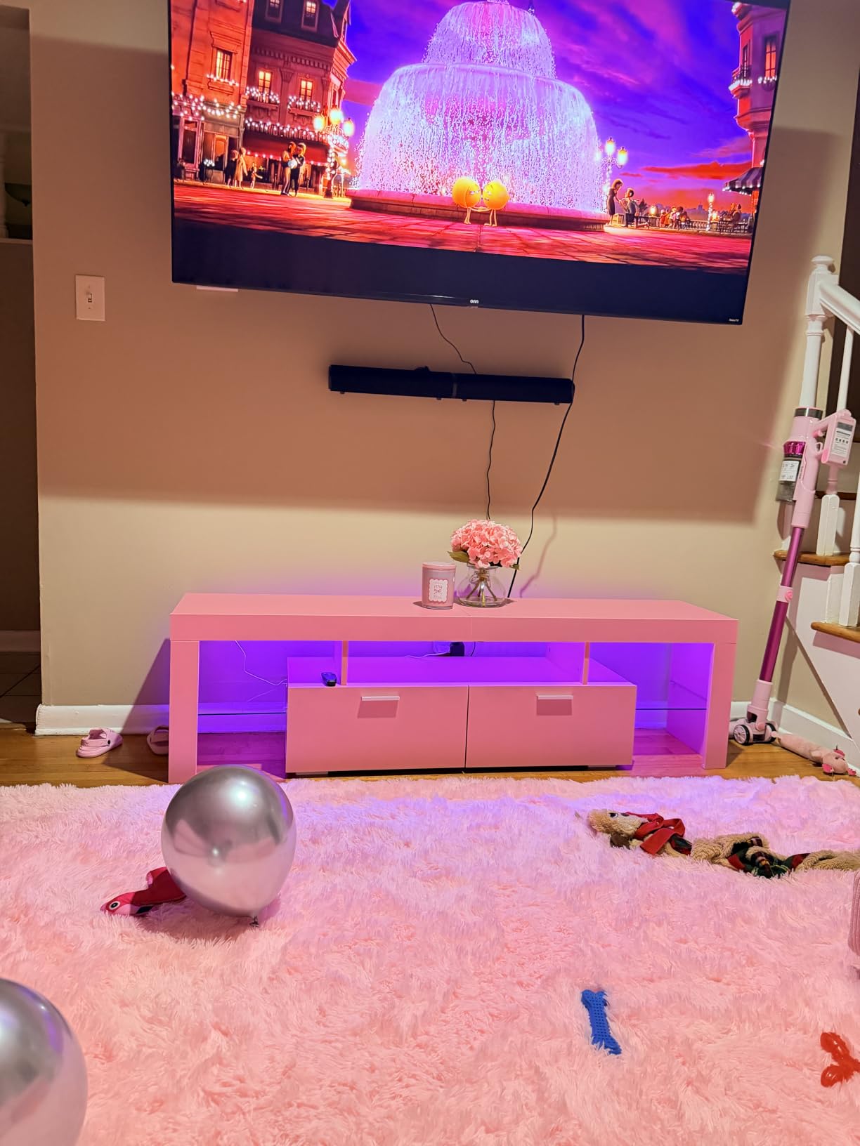 Clikuutory Modern Lighting 63 inch TV Stand with Large Storage Drawer for 50 55 60 65 70 75 Inch TVs, TV Console with 20 Color LED Lights, Entertainment Center Media and Open Shelf for Bedroom, Black customer photo 2