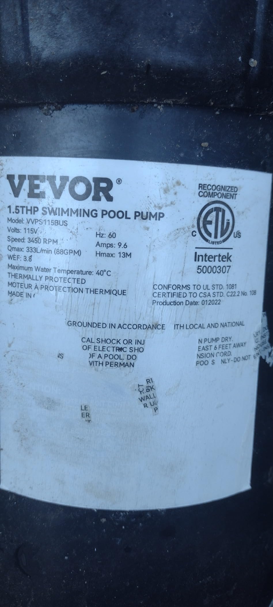 VEVOR Swimming Pool Pump 1.5 HP 5280 GPH Max Flow Single Speed Pump, 115 V customer photo 1