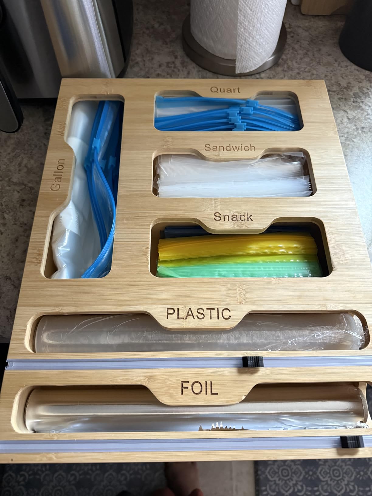 KOCWELL Bag Organizer and Plastic Wrap Dispenser with Cutter, 6 In 1 Bamboo Foil and Plastic Wrap Organizer for Kitchen Drawer, Food Storage Bag Organizer for Gallon,Quart,Sandwich,Snack(Yellow) customer photo 2