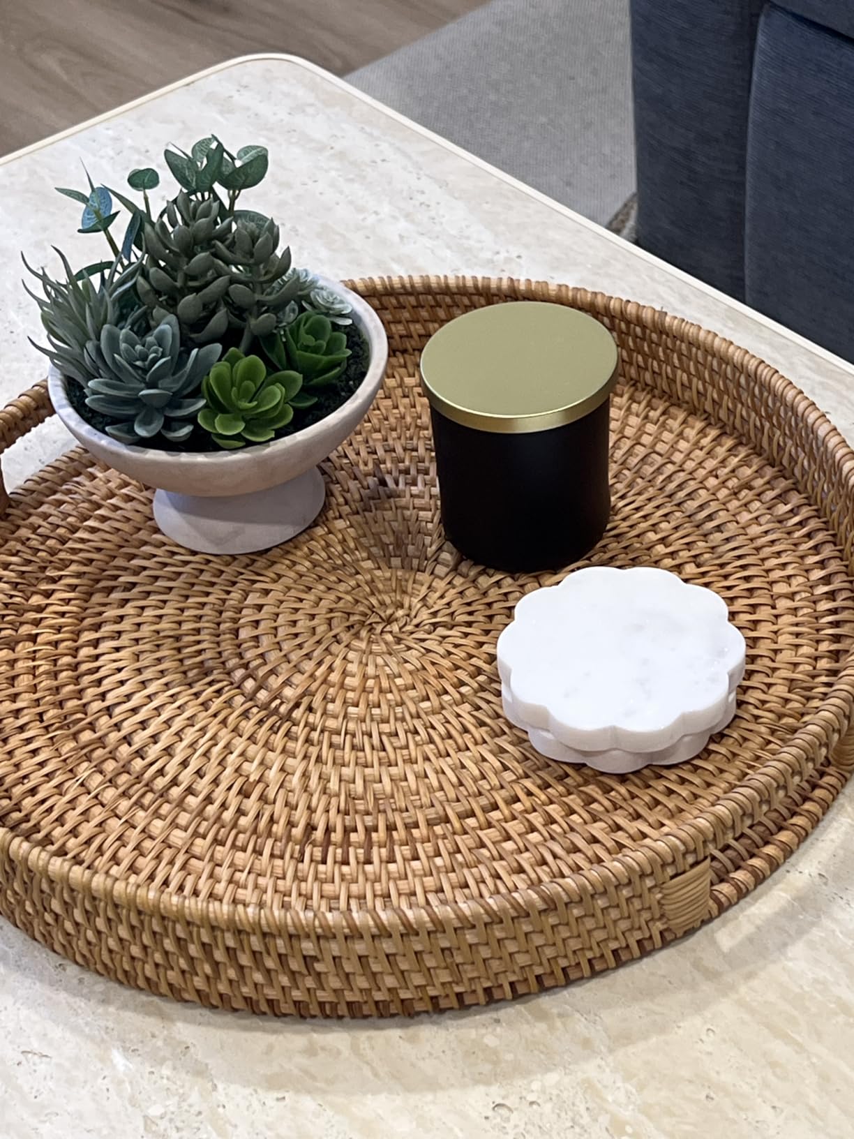 13.8 inch Round Rattan Tray, Decorative Coffee Table Tray, Ottoman Tray, Woven Serving Tray with Handles, Wicker Serving Basket, Whitewash customer photo 1