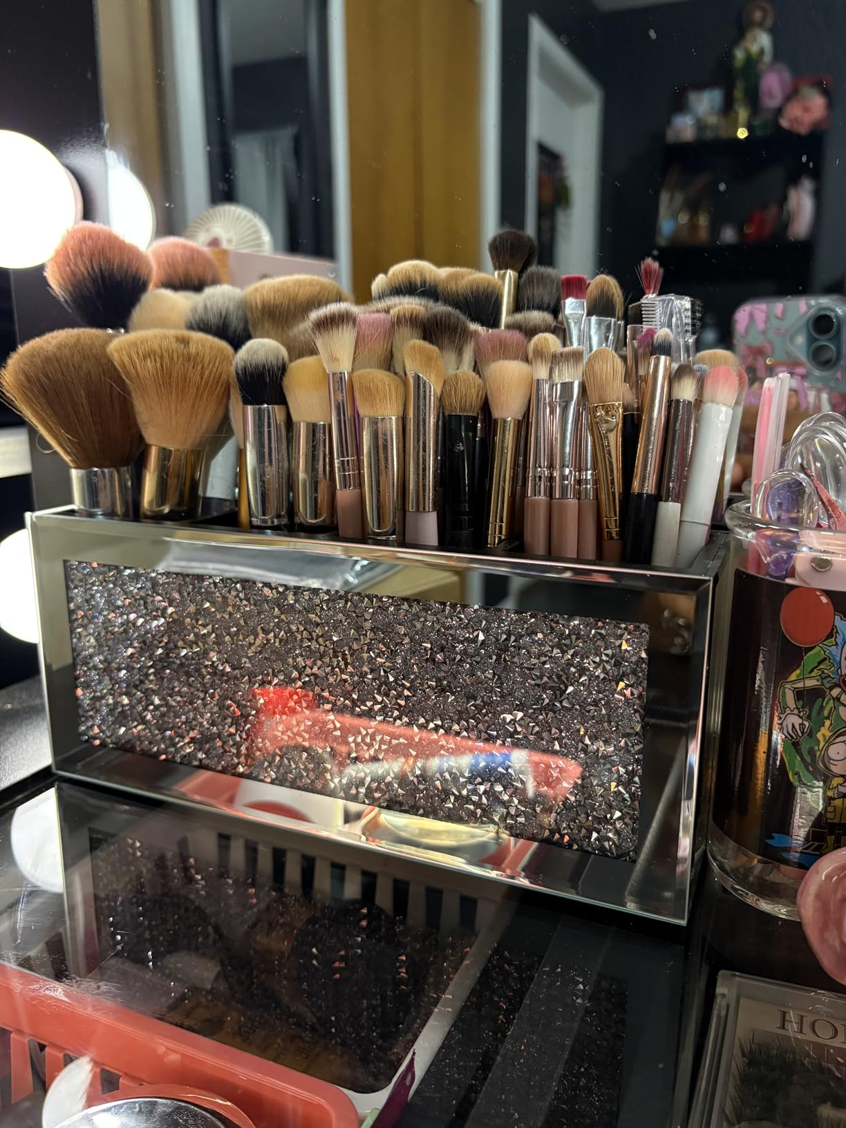 SHYFOY Mirrored Makeup Brush Holder Organizer with Crushed Diamond, 3 Slots customer photo 1