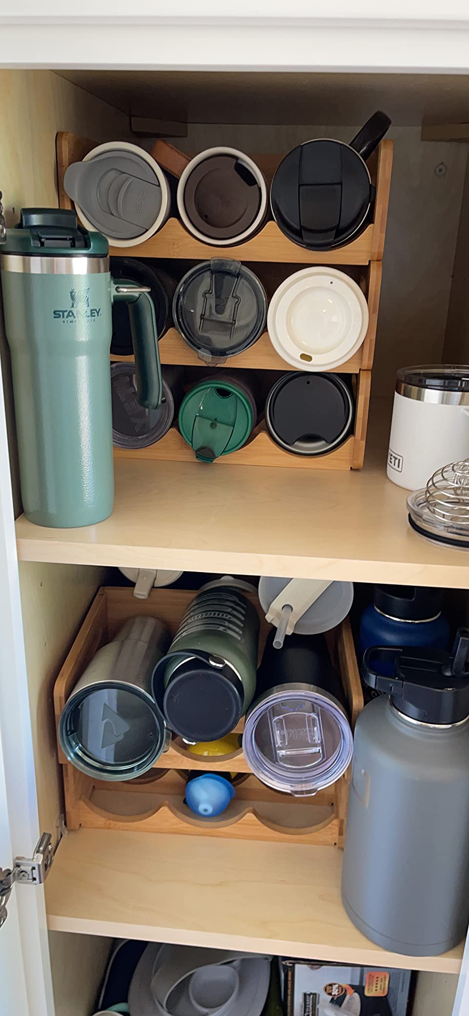 SpaceAid Bamboo Water Bottle Organizer with Labels for Kitchen and Pantry, Storage Rack for Cabinets, Home Cup and Wine Bottle Holder Shelf Organizers, 2 Pack 3-Slot, Hold 6 Bottles customer photo 1