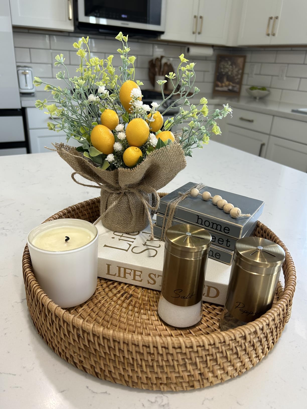 Coffee Table Tray Round Rattan Ottoman Tray Woven Serving Trays with Handles for Home and Kitchen Decorative White (Large 14 inch x 2.4 inch) customer photo 2