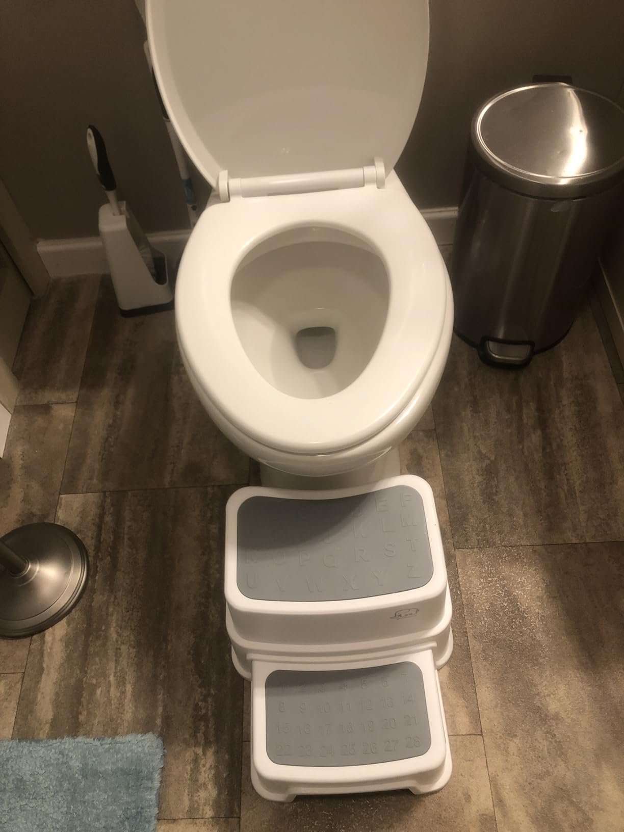 Forbena Toddler Step Stool for Bathroom Sink, 2 Step Stool for Kids Toilet Potty Training, Non-Slip Toddlers Baby Child Kid Plastic Poop Stools with Handle for Kitchen Counter Bed (White-Grey) customer photo 2