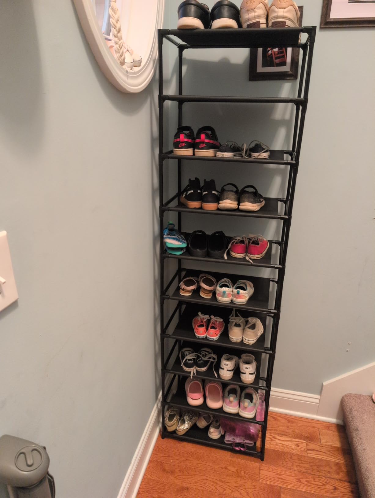 LANTEFUL 10 Tiers Tall Shoe Rack 20-25 Pairs Boots Organizer Storage Sturdy Narrow Shoe Shelf for Entryway, Closets with Hooks, Black customer photo 2