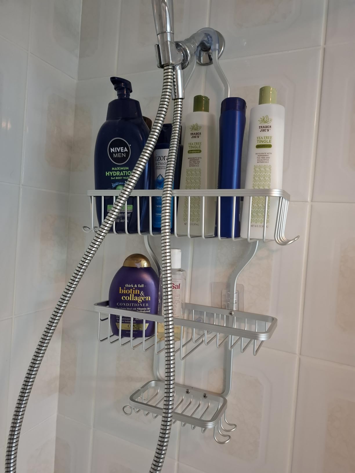YASONIC Never Rust Shower Caddy Hanging, Aluminum Shower Racks for Inside Shower, 3-Tier Shower Organizer Hanging Over Shower Head with Hooks and Soap Holder, Silver customer photo 2