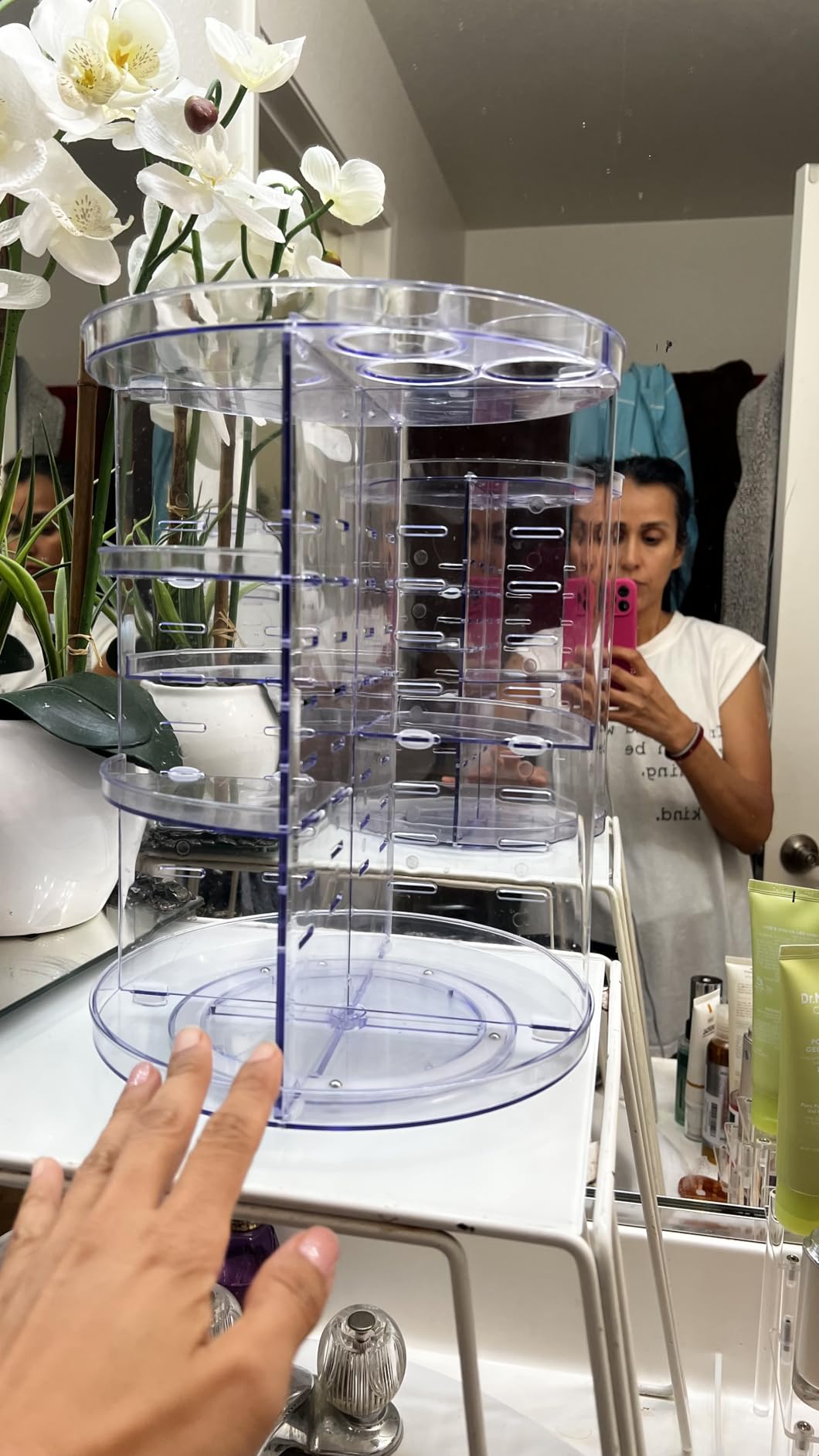 Rotating Makeup Organizer, DIY 8 Adjustable Layers Spinning Skincare Storage, Cosmetic Display Case with Brush Holder and Perfume Tray, Multi-Function Vanity Bathroom Countertop Organizer Clear customer photo 1