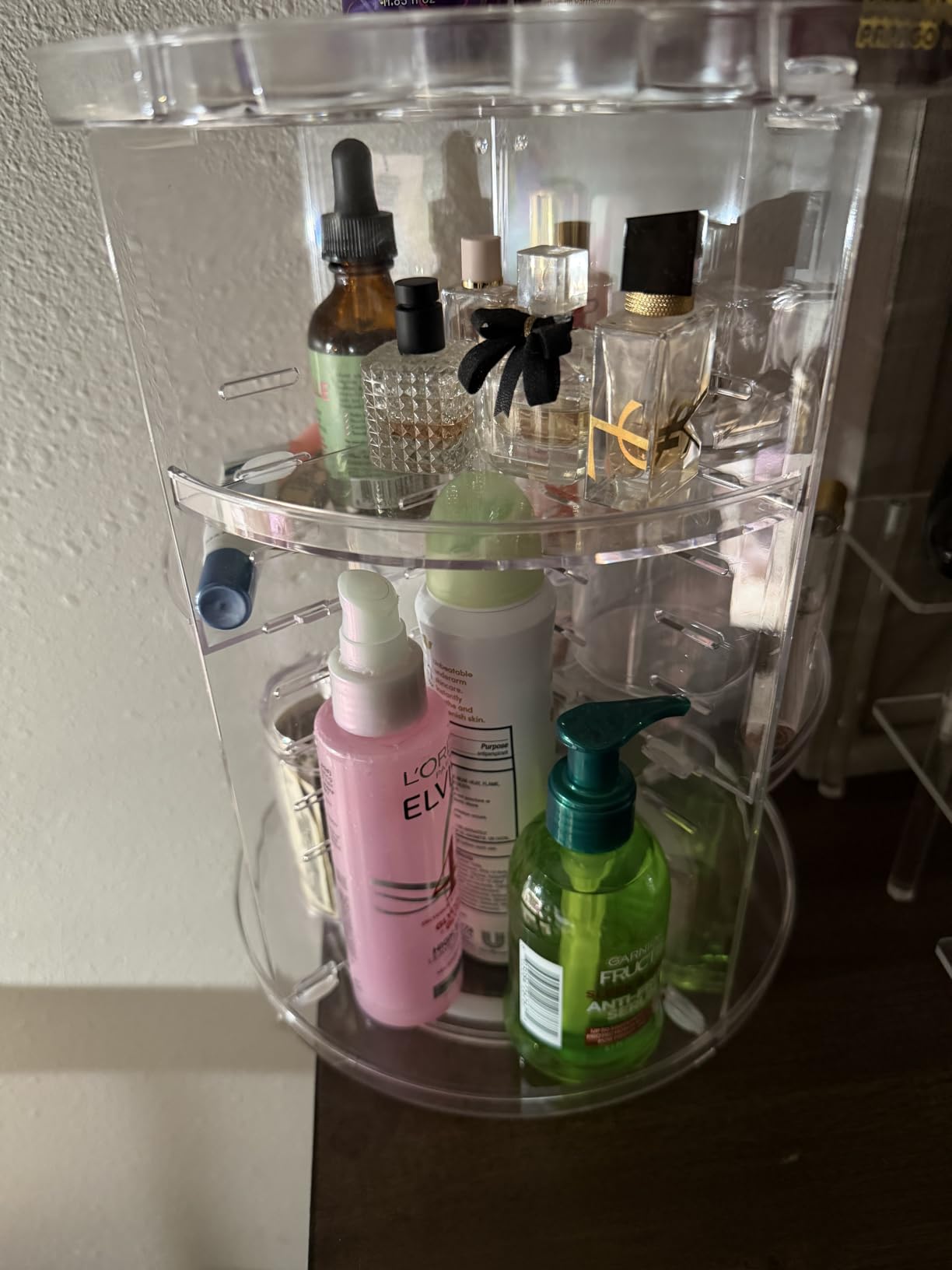 Rotating Makeup Organizer, DIY 8 Adjustable Layers Spinning Skincare Storage, Cosmetic Display Case with Brush Holder and Perfume Tray, Multi-Function Vanity Bathroom Countertop Organizer Clear customer photo 2