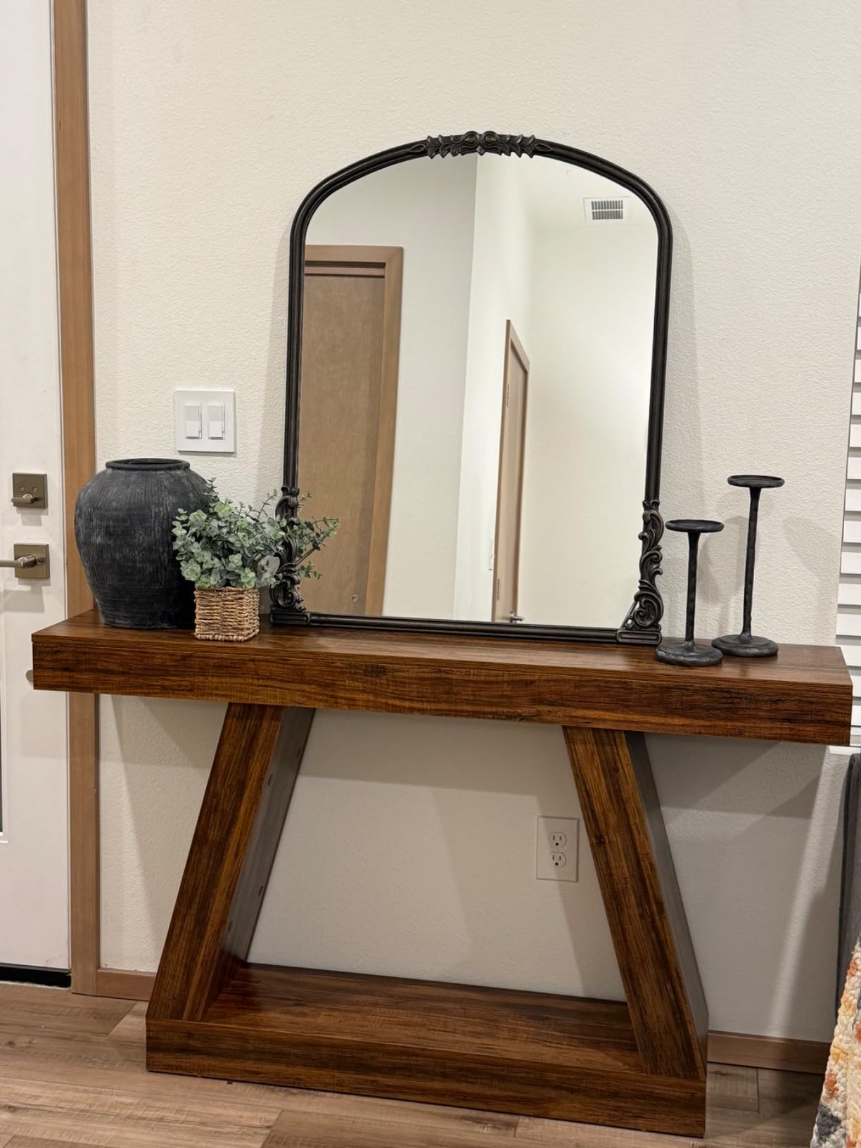 Wylde Iris English Estate Carved Arch Wood Wall Mirror, Mirror for Entryway, Living Room, Bathroom, Antique Black, 22x30 customer photo 2