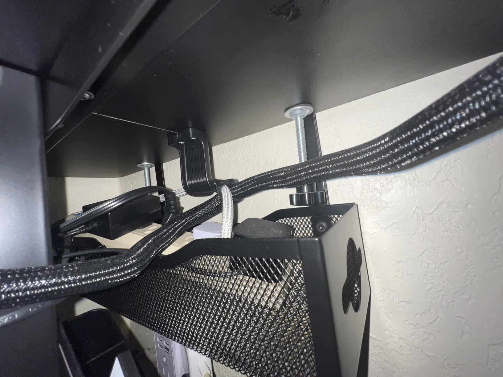 Under Desk Cable Management Tray No Drill, Metal Mesh Cable Management Under Desk with Clamp Mount, 2 Hole Cable Tray with Wire Management and Cord Organizer for Home Office Standing Desk customer photo 2