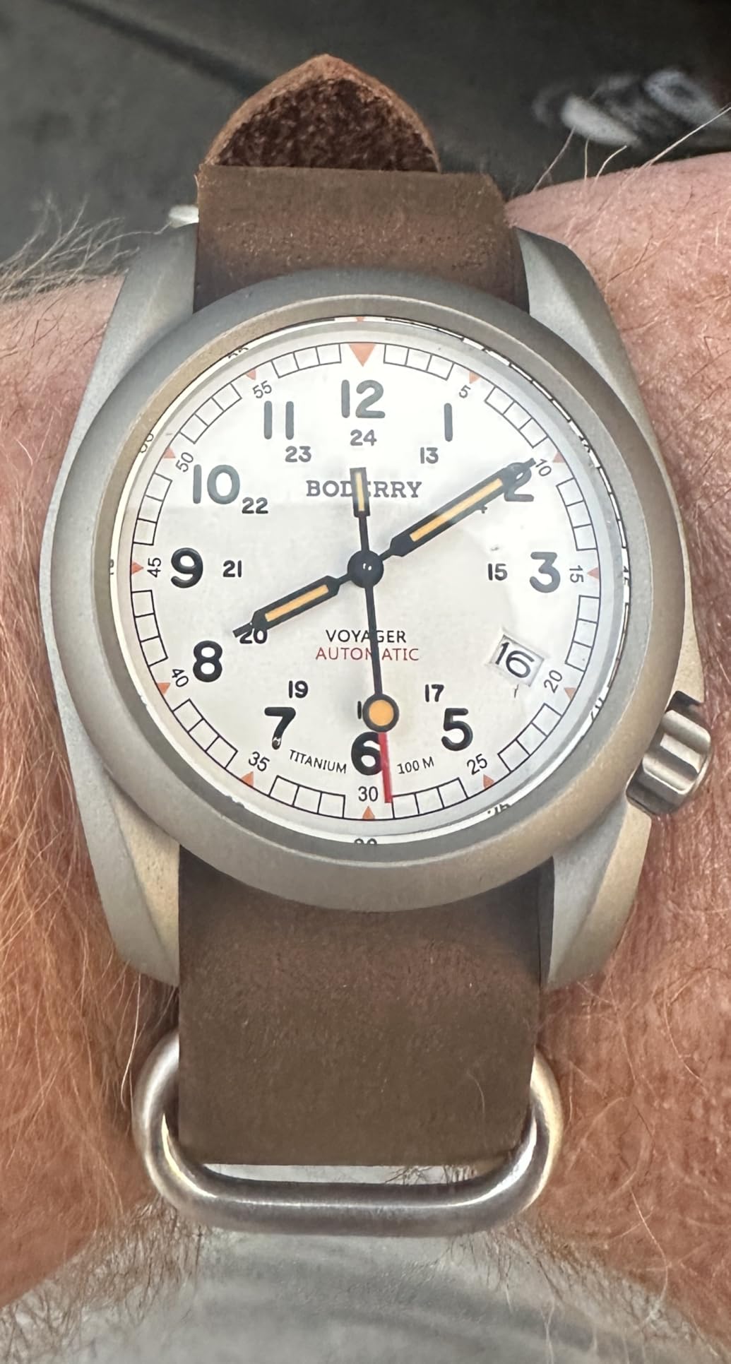 BODERRY Men's Watch Titanium Automatic Field Watch 40mm Military Watch Day Date Function 100M Waterproof with Nylon Strap Japanese Mechanical Movement & Screw Down Crown—Voyager customer photo 2