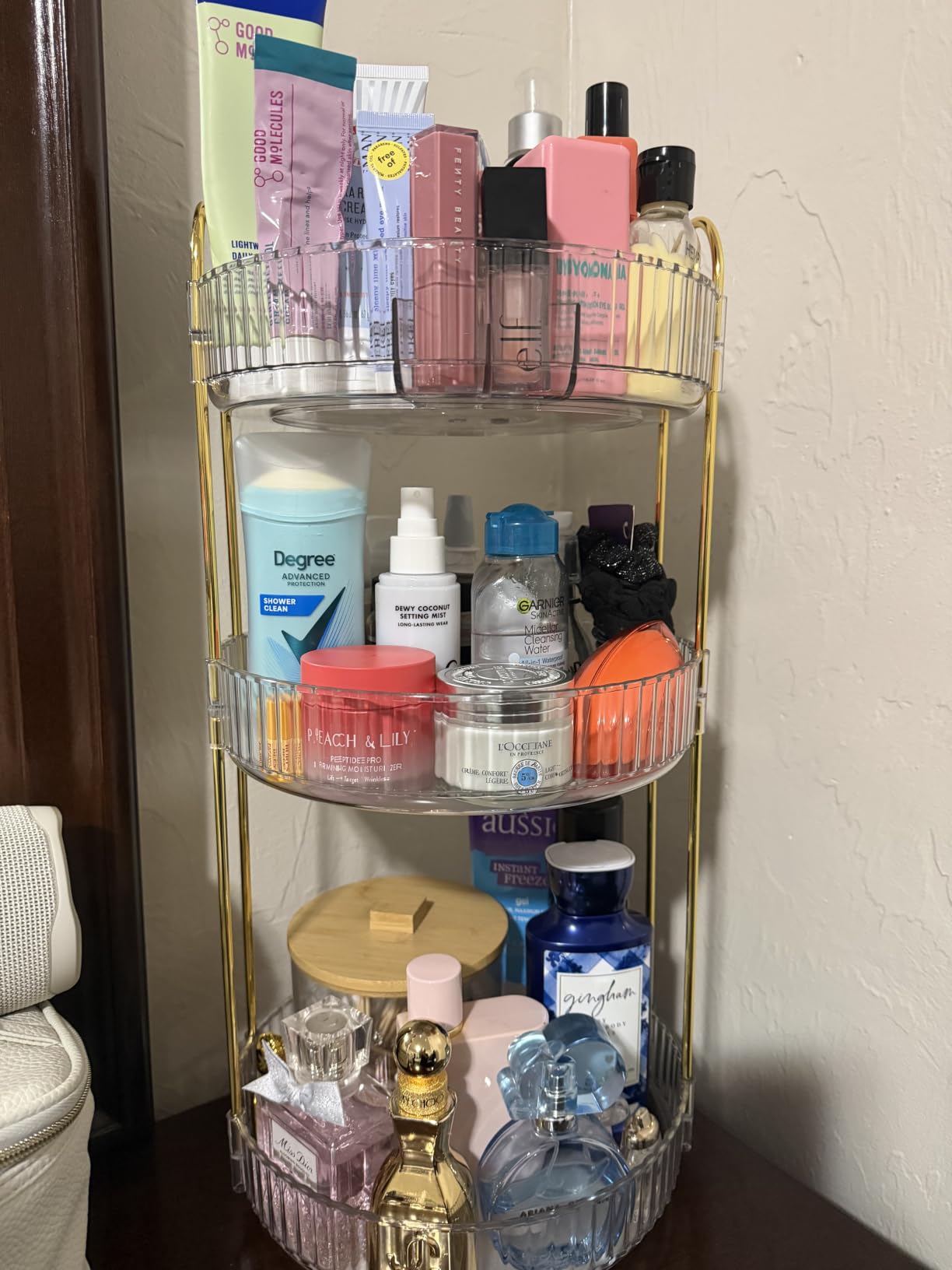 360° Rotating Makeup Organizer, Large-Capacity Skincare Make Up Storage 3 Tier Perfume Organizers Cosmetic Dresser Organizer with Makeup Brush Holder, Fits Bedroom, Bathroom, Vanity Shelf Countertop customer photo 1