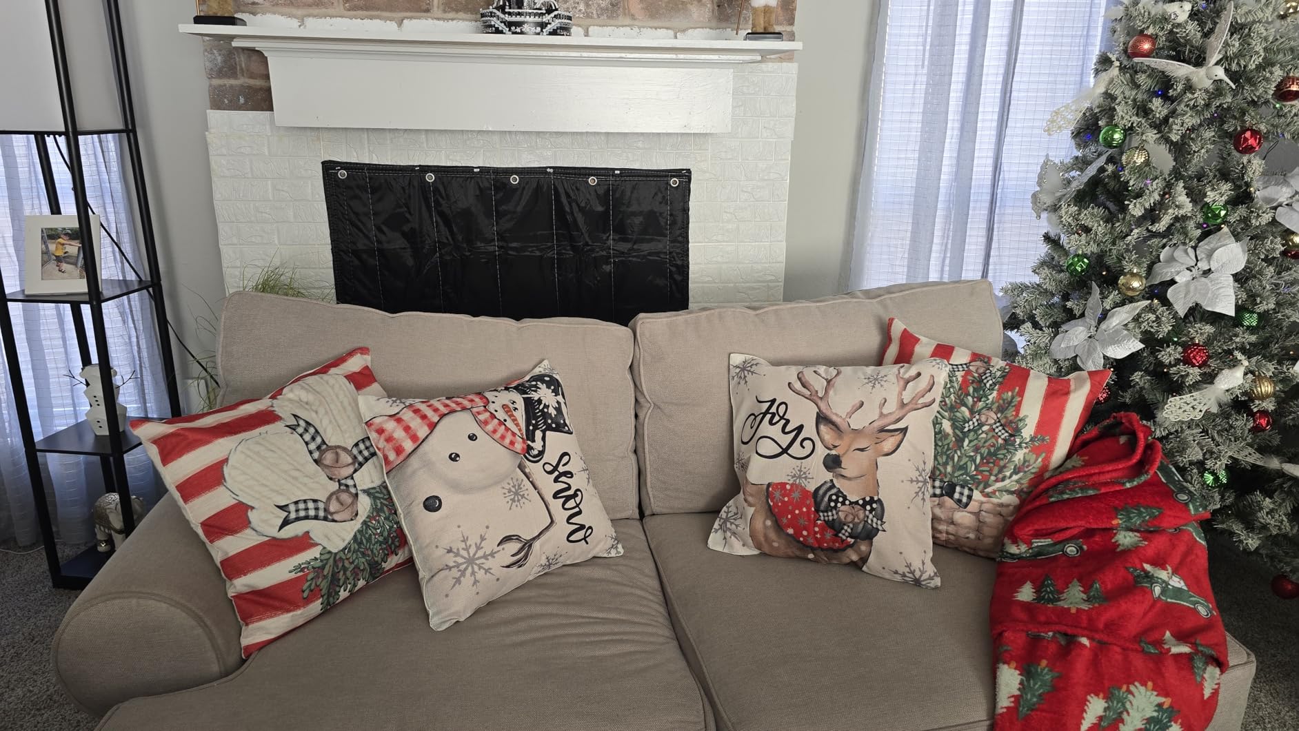 AVOIN colorlife Christmas Snowman Reindeer Gloves Eucalyptus Red Throw Pillow Covers, 18 x 18 Inch Winter Holiday Stripes Cushion Case Decoration for Sofa Couch Set of 4 customer photo 2
