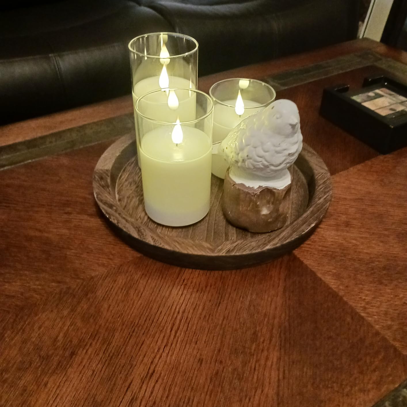 Hanobe Round Wooden Candle Holder Trays for Coffee Table, Distressed Finish customer photo 1