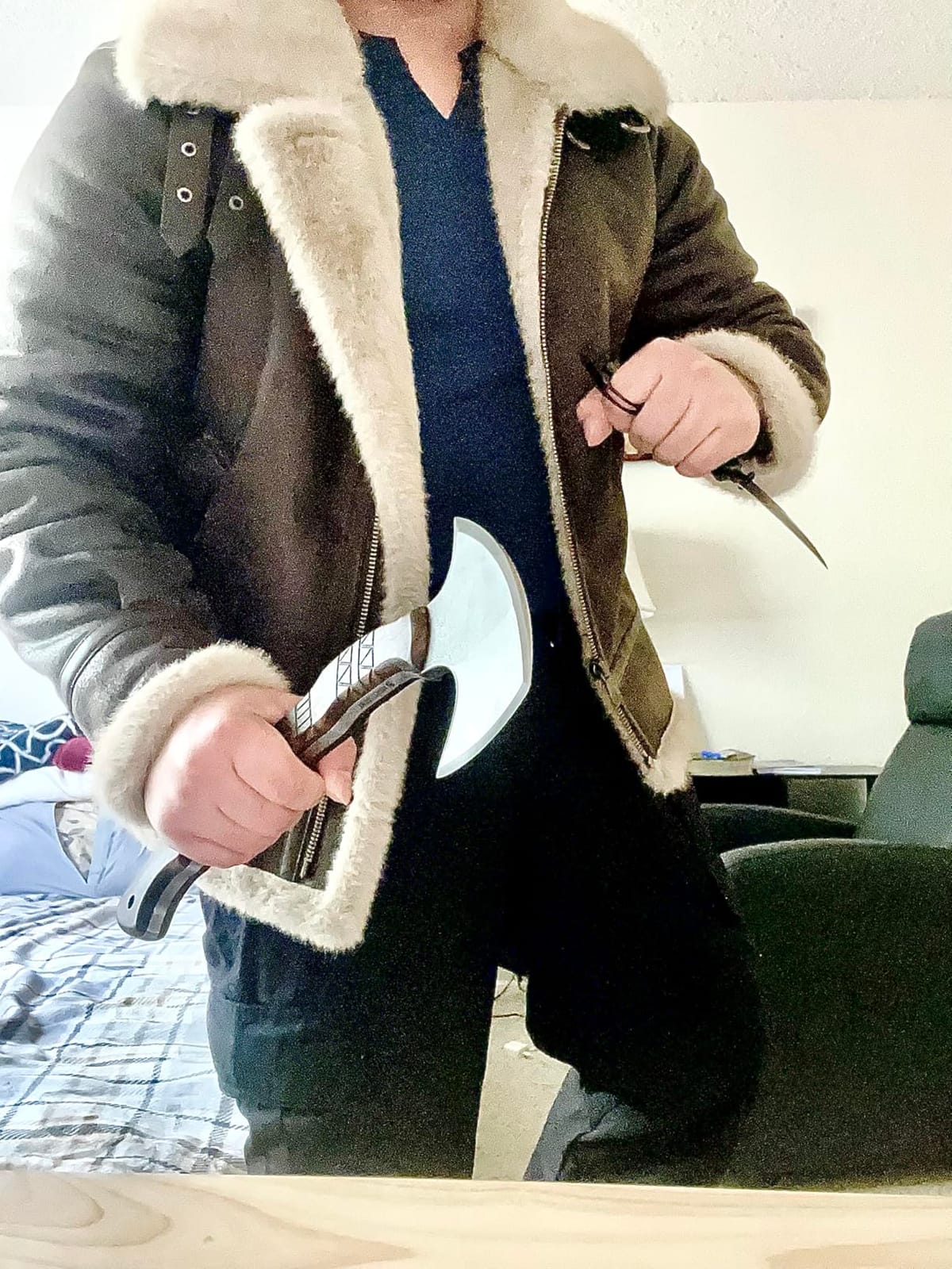 Mens Fur Outdoor Jacket Leather Bomber Shearling Cosplay Coat Brown customer photo 2