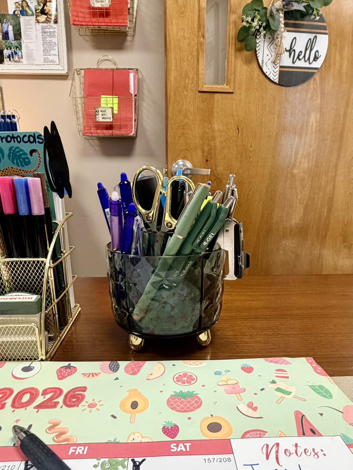 GOTOBA Dark Green Pen Pencil Holder for Desk, 360° Rotating Pen Organizer, Green Office Supplies, Cute Pen Holder, 6-Compartment Pencil Holder Rotating customer photo 2