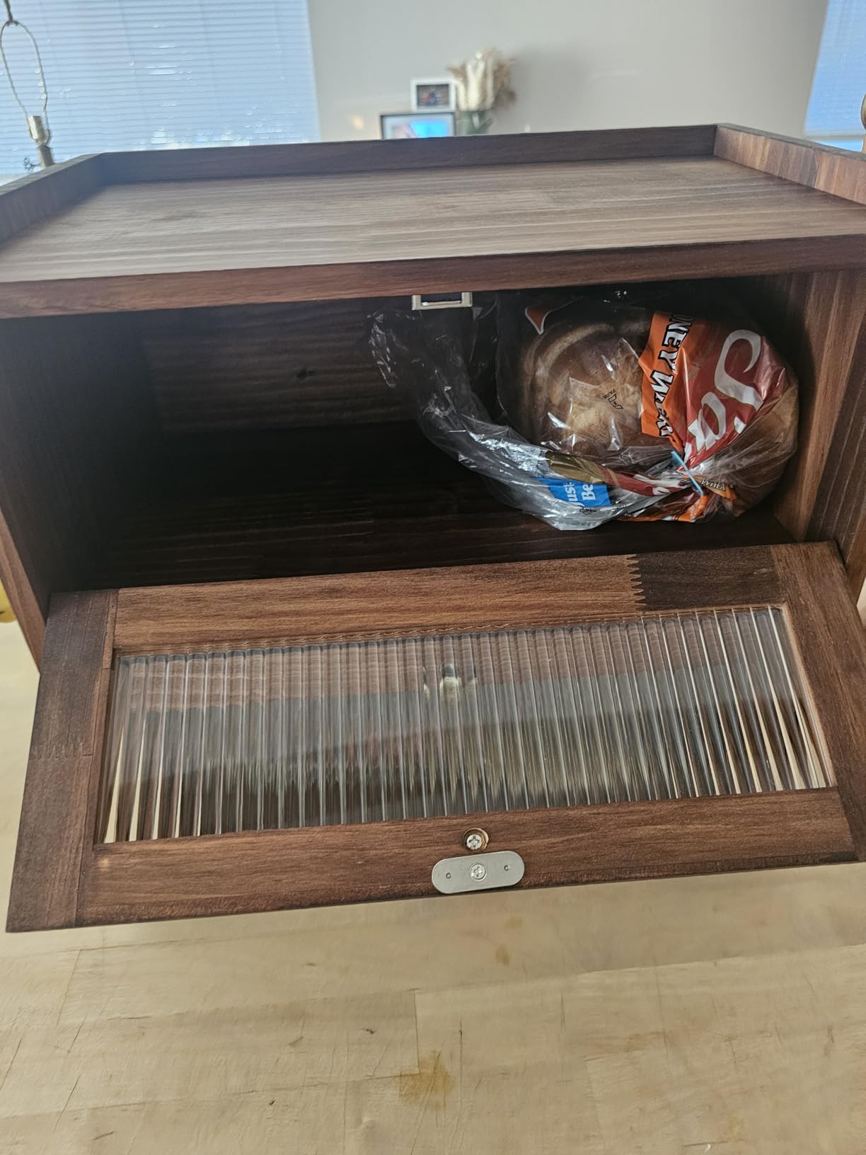 Sunhoo Bread Box for Kitchen Countertop Wooden Bread Storage Container Bin 2 Layer Breadbox Holder Large Capacity Keeper Vintage Farmhouse Food Organizer Pantry Shelf Acrylic Window (Brown) customer photo 1