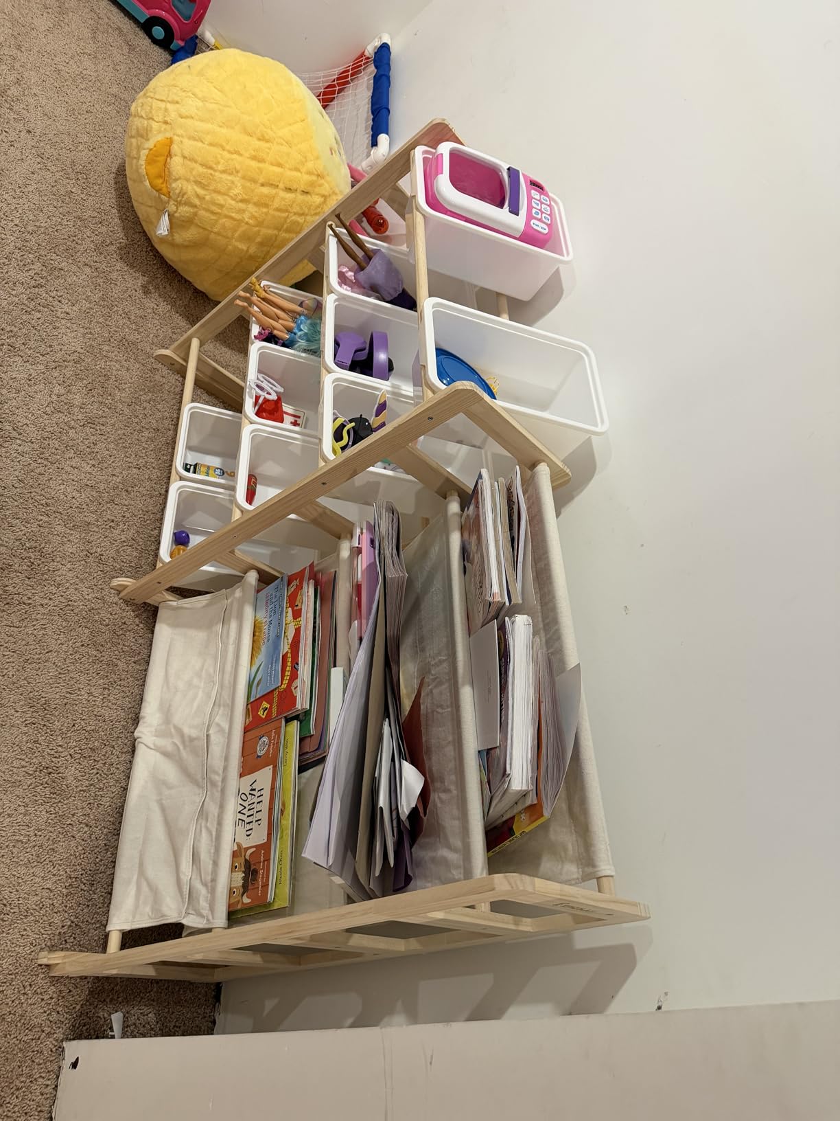 EXPERLAM Toy Storage Organizer with Bookshelf, Kids Toy Organizer and Storage Shelf with 12 White Bins, Solid Pine Wood Book Rack for Playroom, Nursery, Kids Room, Toys and Books customer photo 1