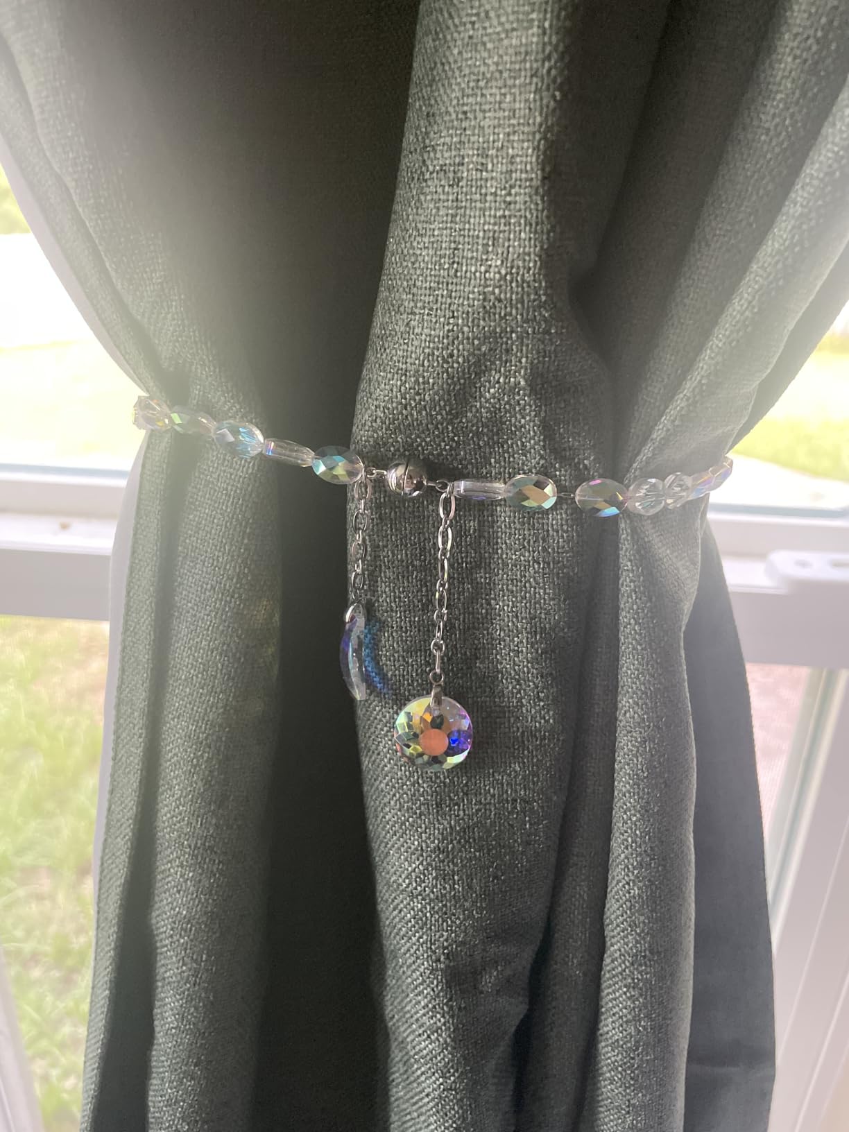 PEDOBO Magnetic Curtain Tiebacks, 2 Pack Crystal Beaded Sun & Moon Pendants Sheers/Draperies Holdbacks for Window Home Office Decor (Purple) customer photo 1