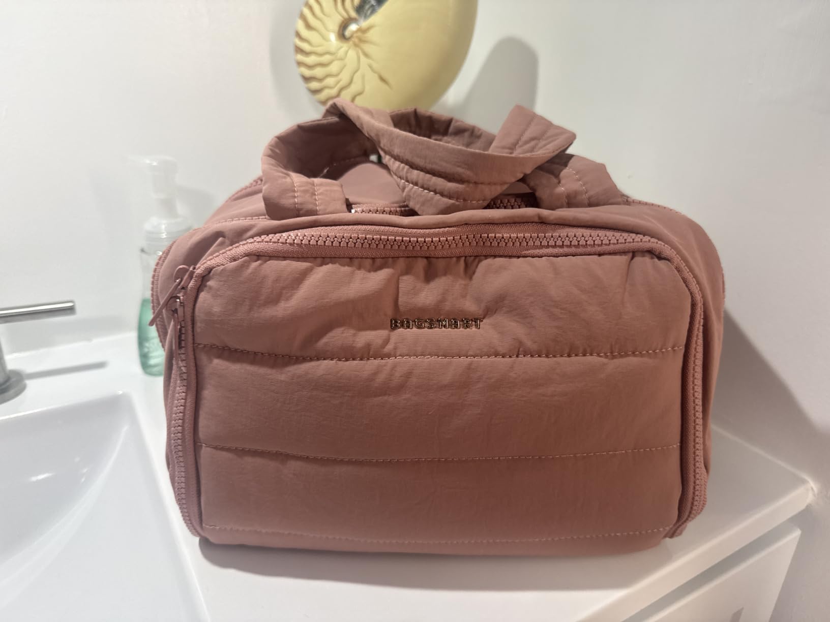 BAGSMART Travel Toiletry Bag, Lightweight Large Wide-open Travel Bag for Women, Puffy Cosmetic Makeup Bag Organizer with Handle for Accessories,Essentials, Toiletries, Dark Pink customer photo 2