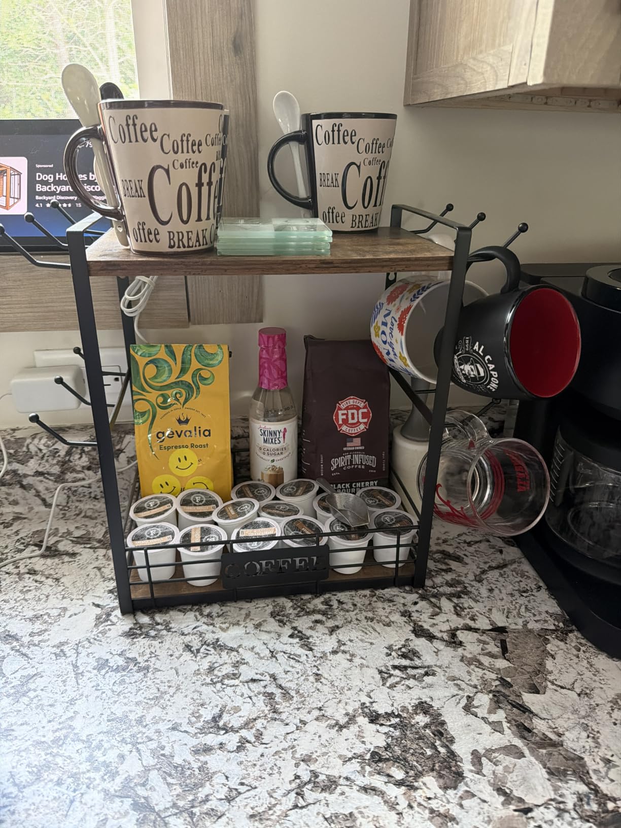 EsLuker.ly Coffee Mug Cup Holder Tree Bar Station Organizer, 2 Tier Mug Stand Rack for Countertop Kitchen, Storage Tower Display Shelf with 12 Hooks, Coffee Nook Enhancer, Vintage Brown Black customer photo 1
