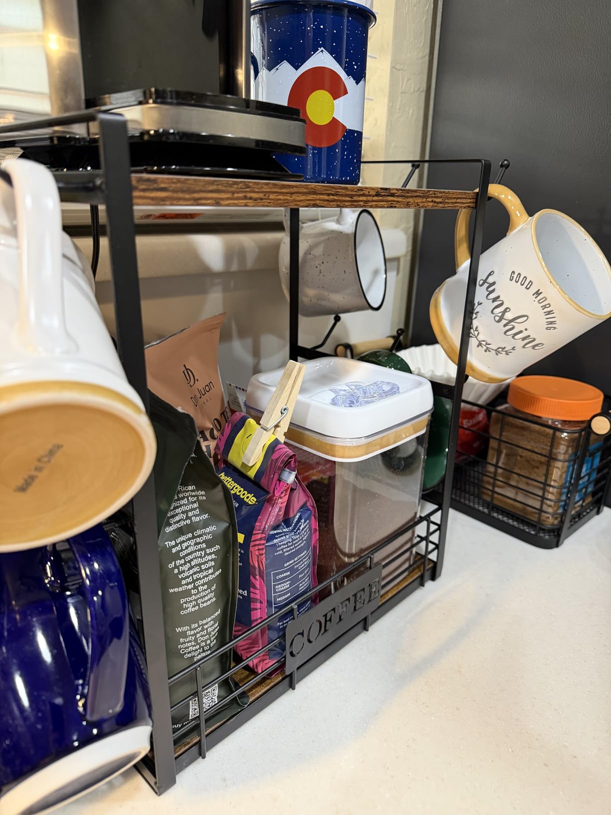 EsLuker.ly Coffee Mug Cup Holder Tree Bar Station Organizer, 2 Tier Mug Stand Rack for Countertop Kitchen, Storage Tower Display Shelf with 12 Hooks, Coffee Nook Enhancer, Vintage Brown Black customer photo 2