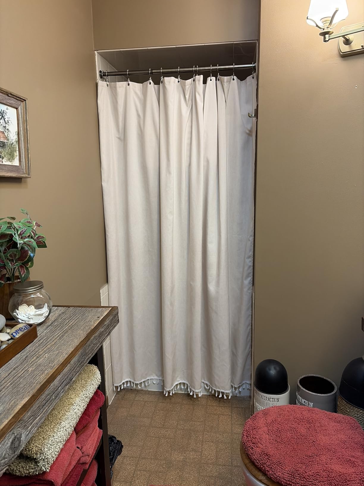 AmazerBath Boho Shower Curtain, Modern Farmhouse Shower Curtain Set with Tassels, Rustic Faux Linen Green Striped Shower Curtain with Hooks, Light Tan Toned, 72x72 Inches customer photo 2