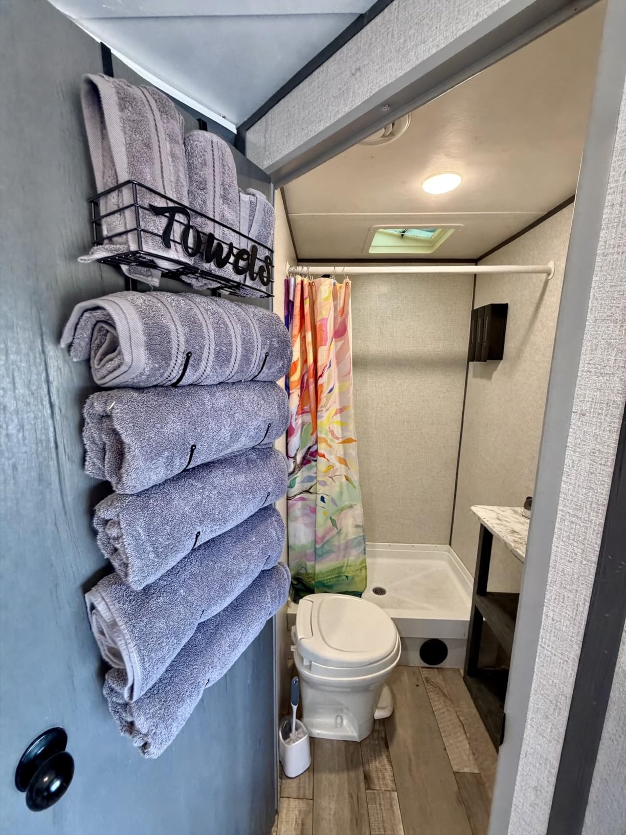 HapiRm Towel Racks for Bathroom Storage - 6 Tier Over The Door & Wall Mount Rolled Towel Storage Organizer Holder with Metal Shelf Basket for Small Bathroom, Camper, Rv - Black, Patented customer photo 2