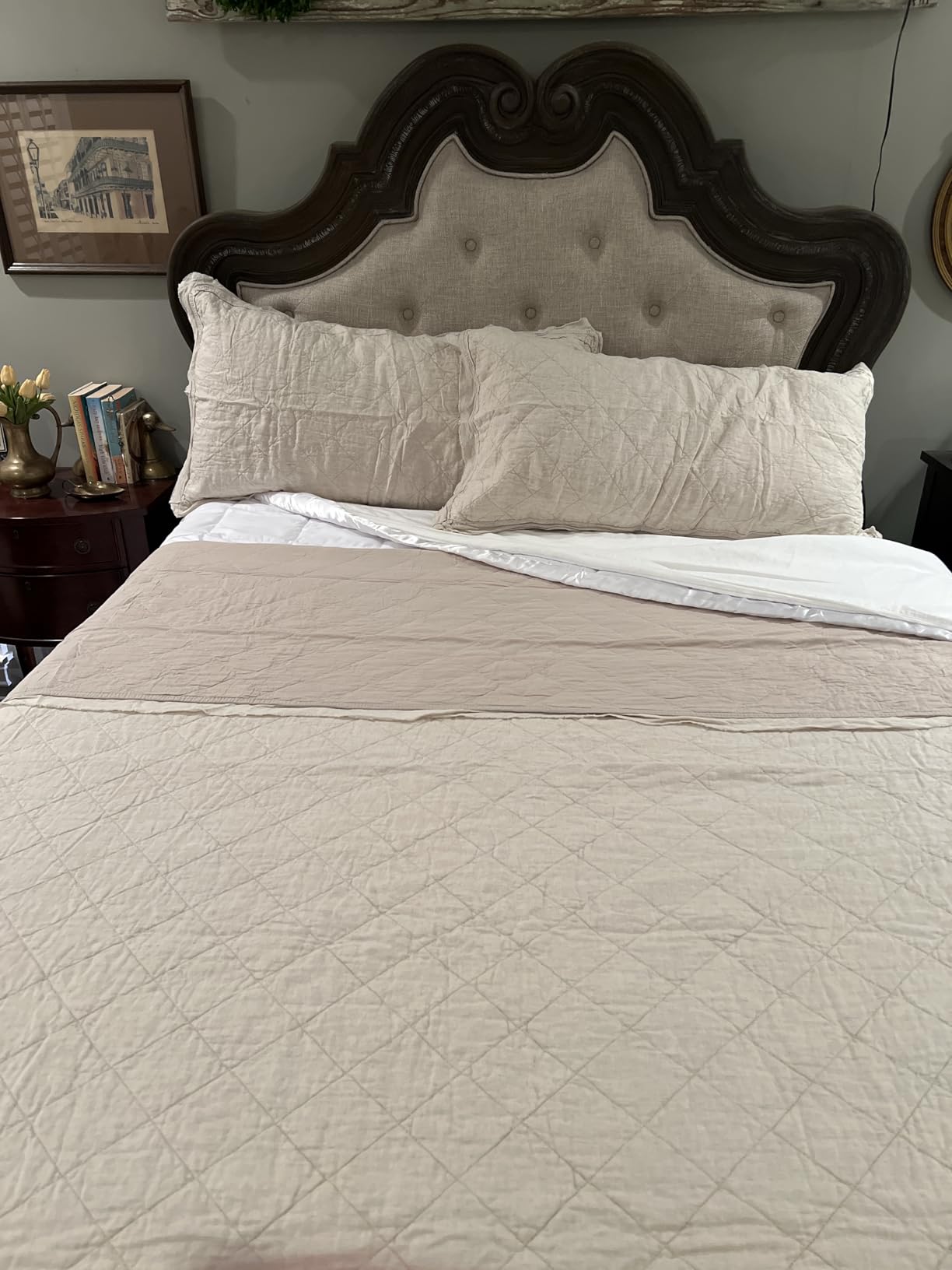 HORIMOTE HOME 100% Linen Front/100% Cotton Back Quilt Set King Size, White Pre-Washed European Flax Linen Quilt, Diamond Stitch Bedspread Coverlet Bedding Set 3-Piece for All Seasons customer photo 2
