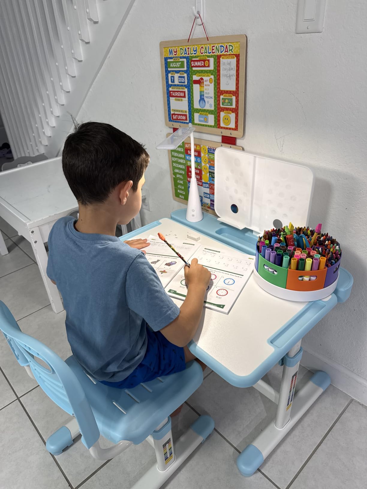 Rengue Kids Desk and Chair Set, Height Adjustable Children School Functional Study Desk with 55° Tiltable Desktop, 3 Modes & Brightness LED Light, Storage Drawer & Metal Hook for Boys Girls (Grey) customer photo 1