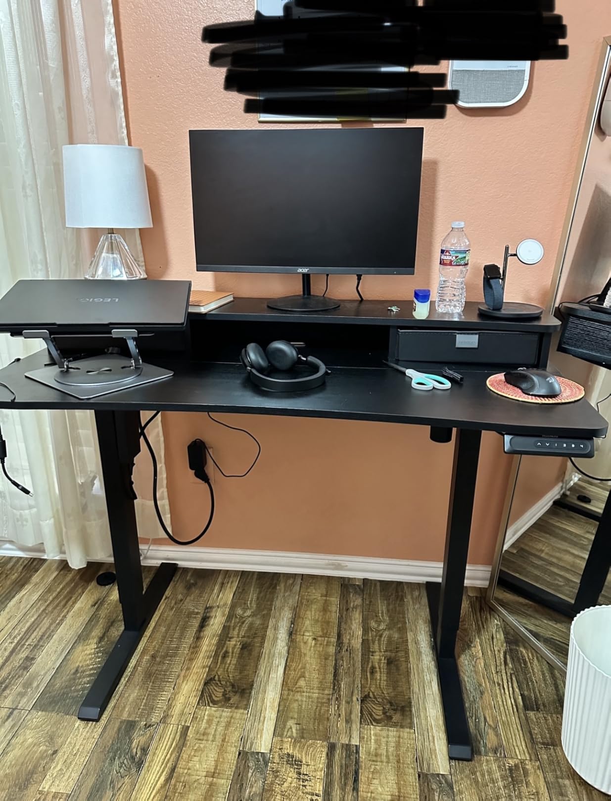 HUANUO 48″ x 24″ Electric Standing Desk with 2 Drawers, C-Clamp Mount Compatible, Height Adjustable Computer Desk, Home Office Stand Up Desk with 4 Preset Heights & 2 Hooks, Black customer photo 2