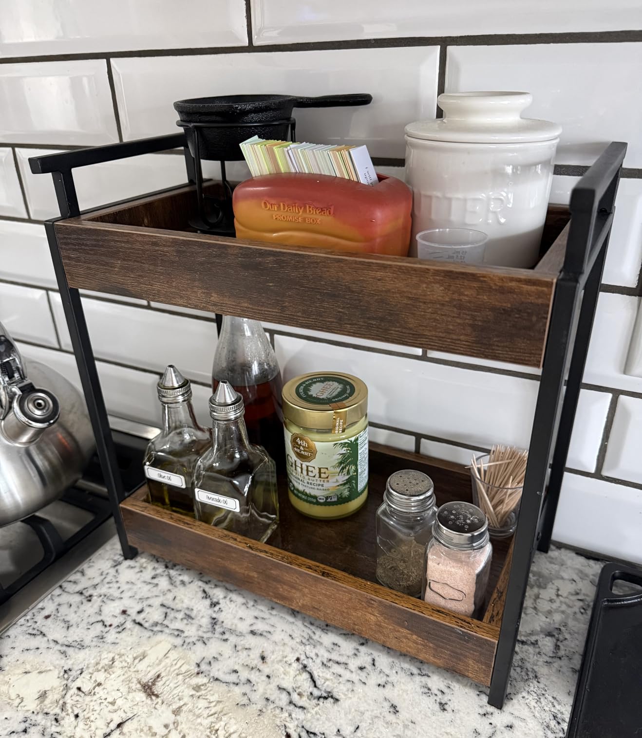 KLM Countertop Coffee Station Organizer, 2 Tier Wooden Shelf for Coffee Bar Accessories, Condiment Storage Caddy for Kitchen, Bathroom Counter Organizer, Home, Office - Brown customer photo 1