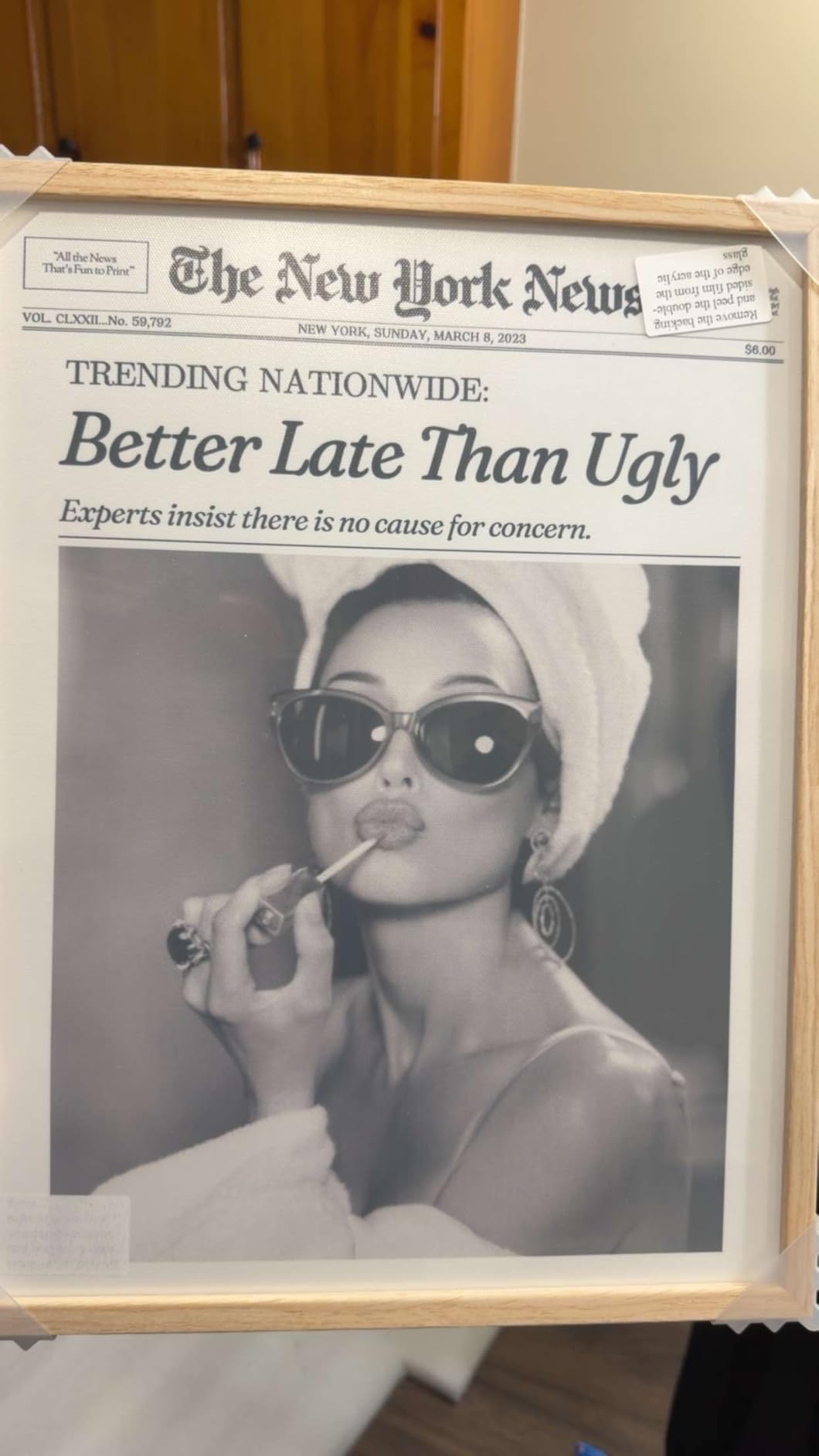 iHery 12x16in Audrey Hepburn Better Late Than Ugly Framed Bathroom Art | Natural OAK Wood Frame with Canvas Print, Vintage Fashion Wall Decor for Bathroom, Bedroom, Apartment and Girl Dorm, 1Pack customer photo 2