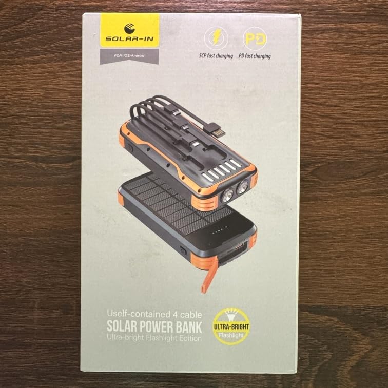 Solar Power Bank 40000mAh PD20W Fast Charging Portable Solar Charger | Built-in 4 Cables, 3 Ports, Dual Bright Flashlight, External Battery Pack for Camping, Hiking, and Outdoor Use, Orange customer photo 2