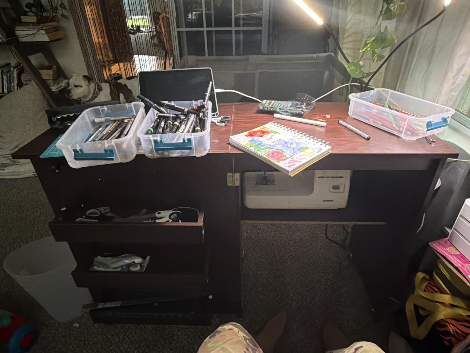 GIANTEX Folding Sewing Table with Charging Station, Cube Storage & Drawers customer photo 1