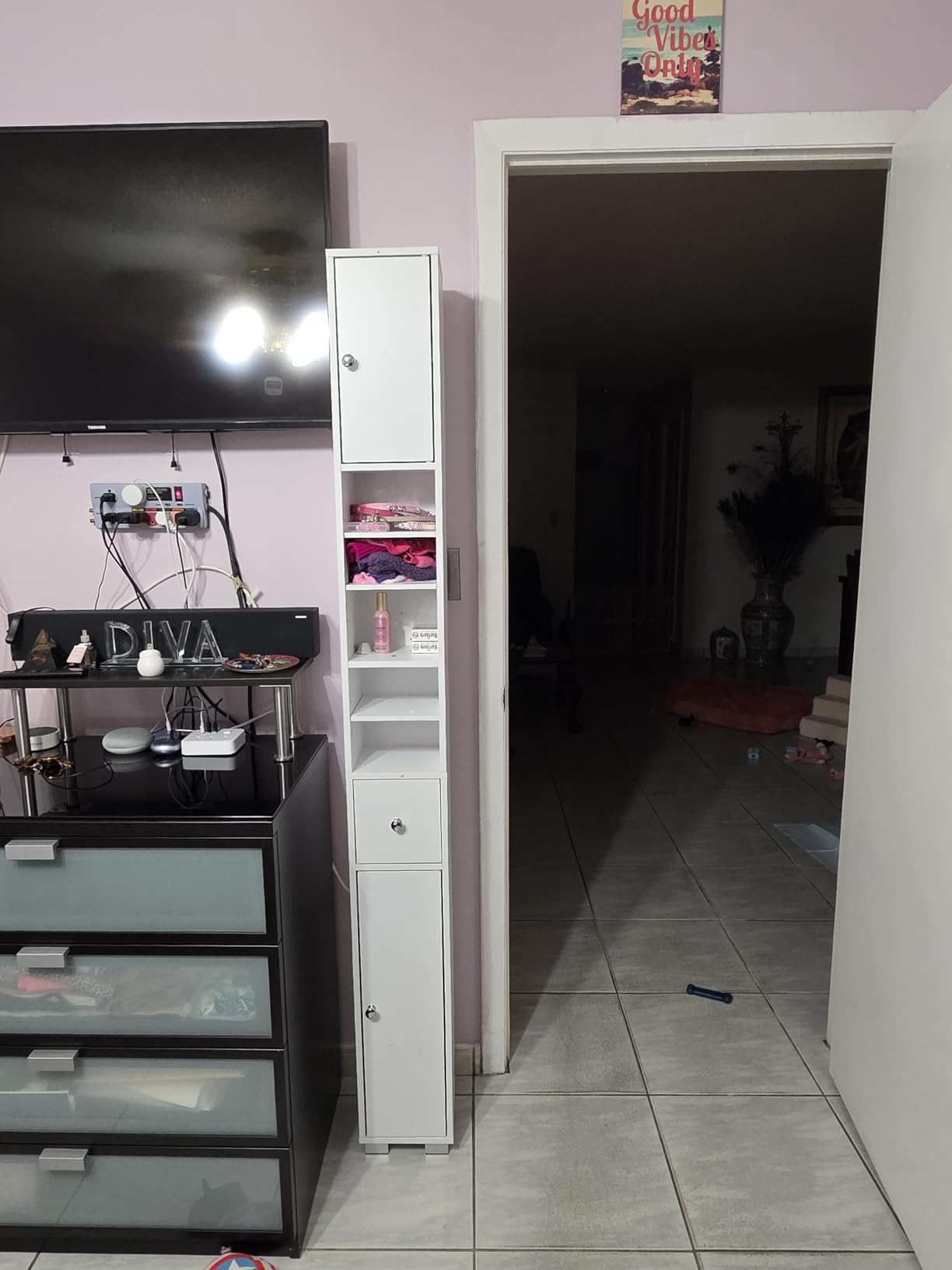 TEENFON Bathroom Cabinet, Narrow Bathroom Storage Cabinet with 5 Adjustable Shelves & Drawer, Freestanding Cupboard for Small Spaces, White customer photo 2