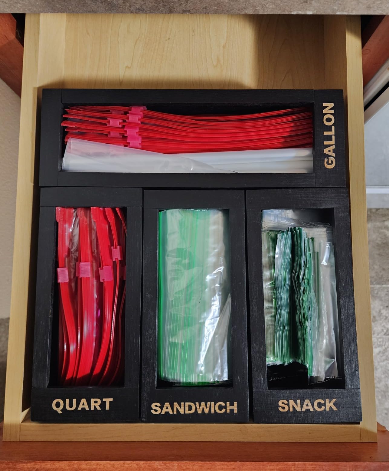mHomeAid Bag Storage Organizer - Bamboo Food Plastic Baggie Holder, Dispenser, and Container for Kitchen Drawer - Fits Ziplock and Ziploc Gallon, Quart, Sandwich & Snack Sized Slider Bags (Bamboo) customer photo 1