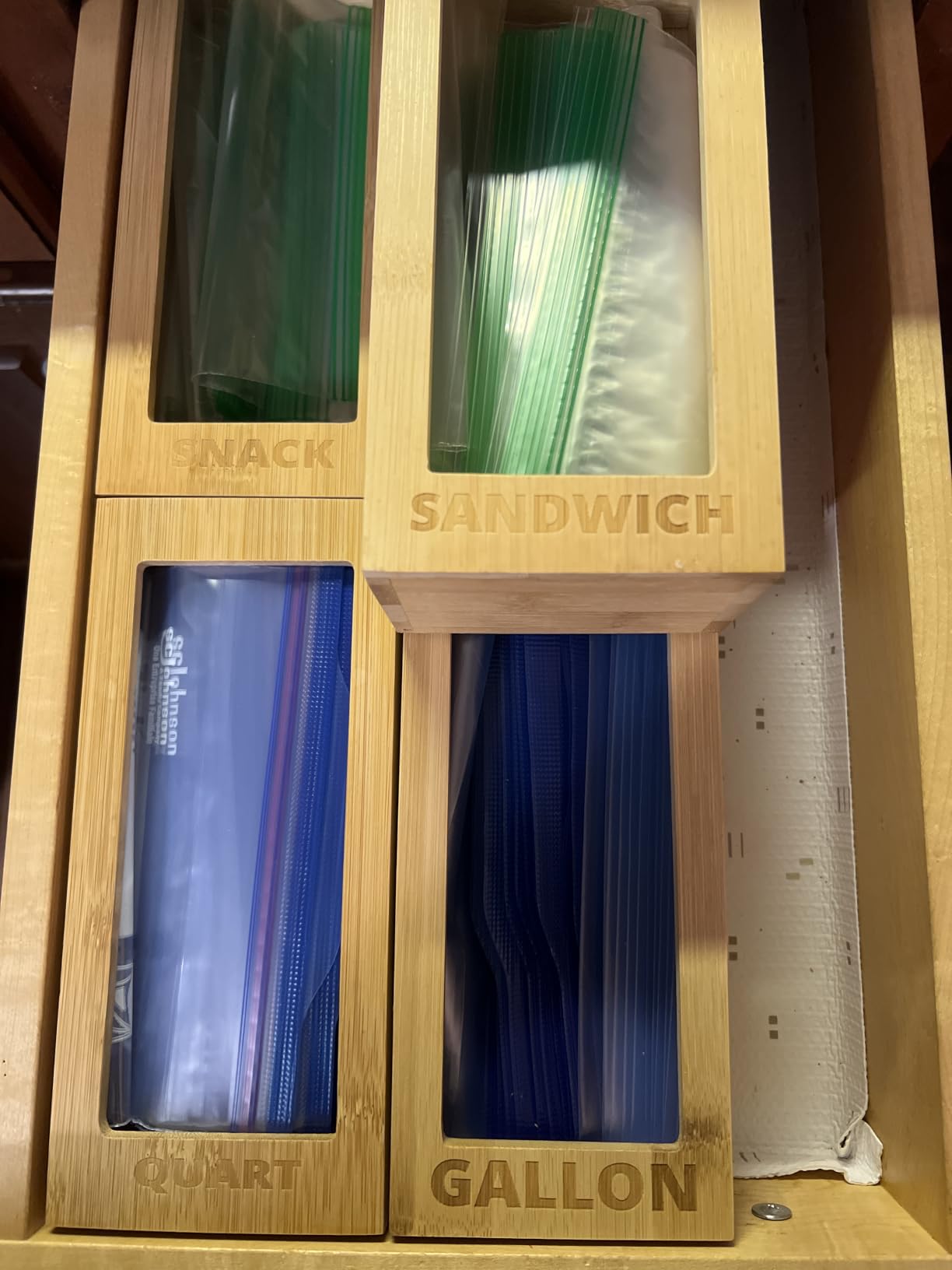 mHomeAid Bag Storage Organizer - Bamboo Food Plastic Baggie Holder, Dispenser, and Container for Kitchen Drawer - Fits Ziplock and Ziploc Gallon, Quart, Sandwich & Snack Sized Slider Bags (Bamboo) customer photo 2